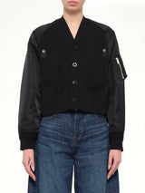 Nylon Twill x Cotton Knit Cardigan in Black