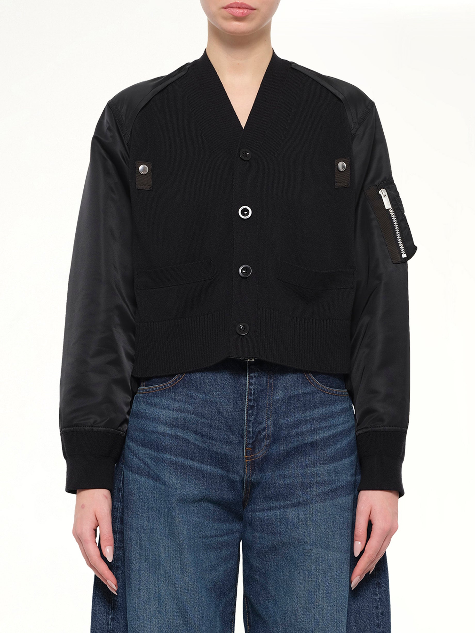Nylon Twill x Cotton Knit Cardigan in Black