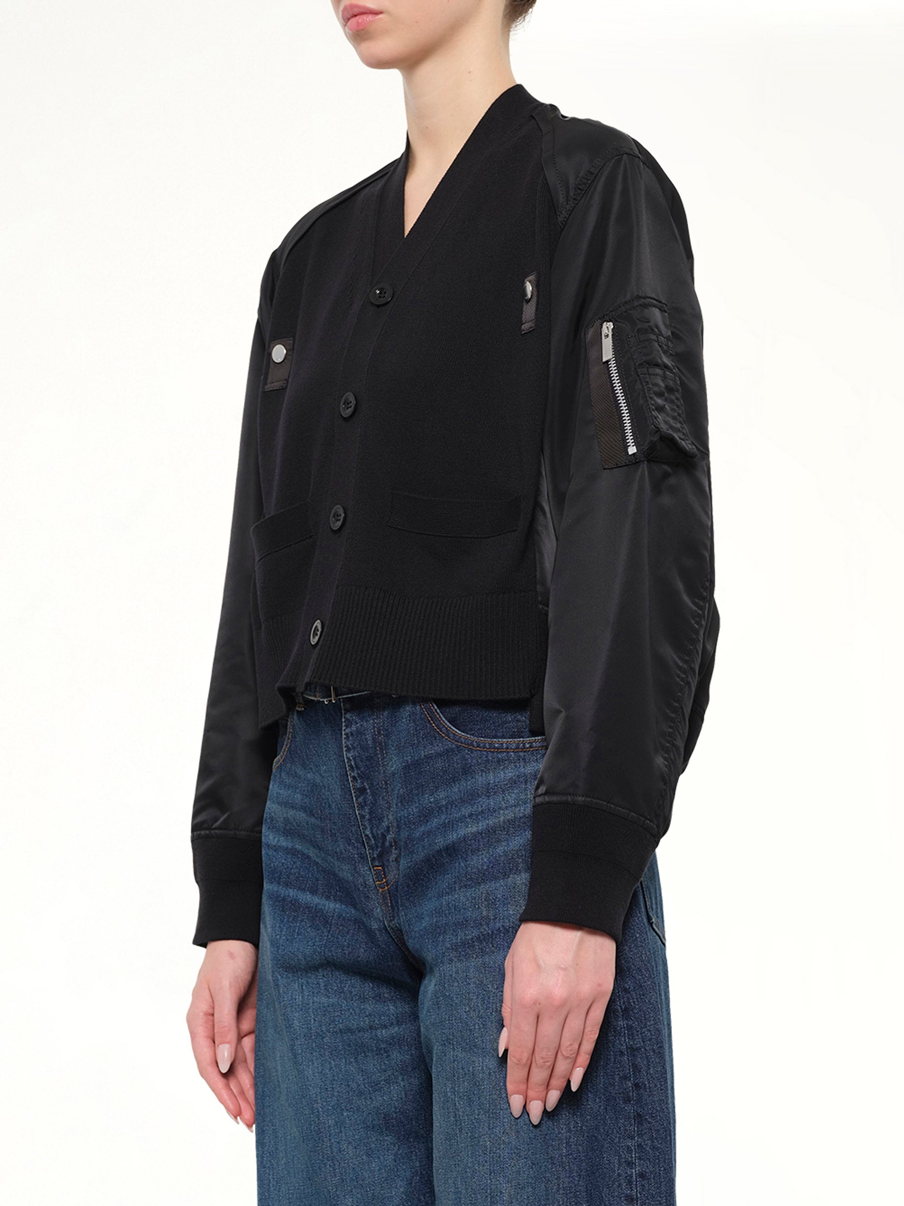 Nylon Twill x Cotton Knit Cardigan in Black