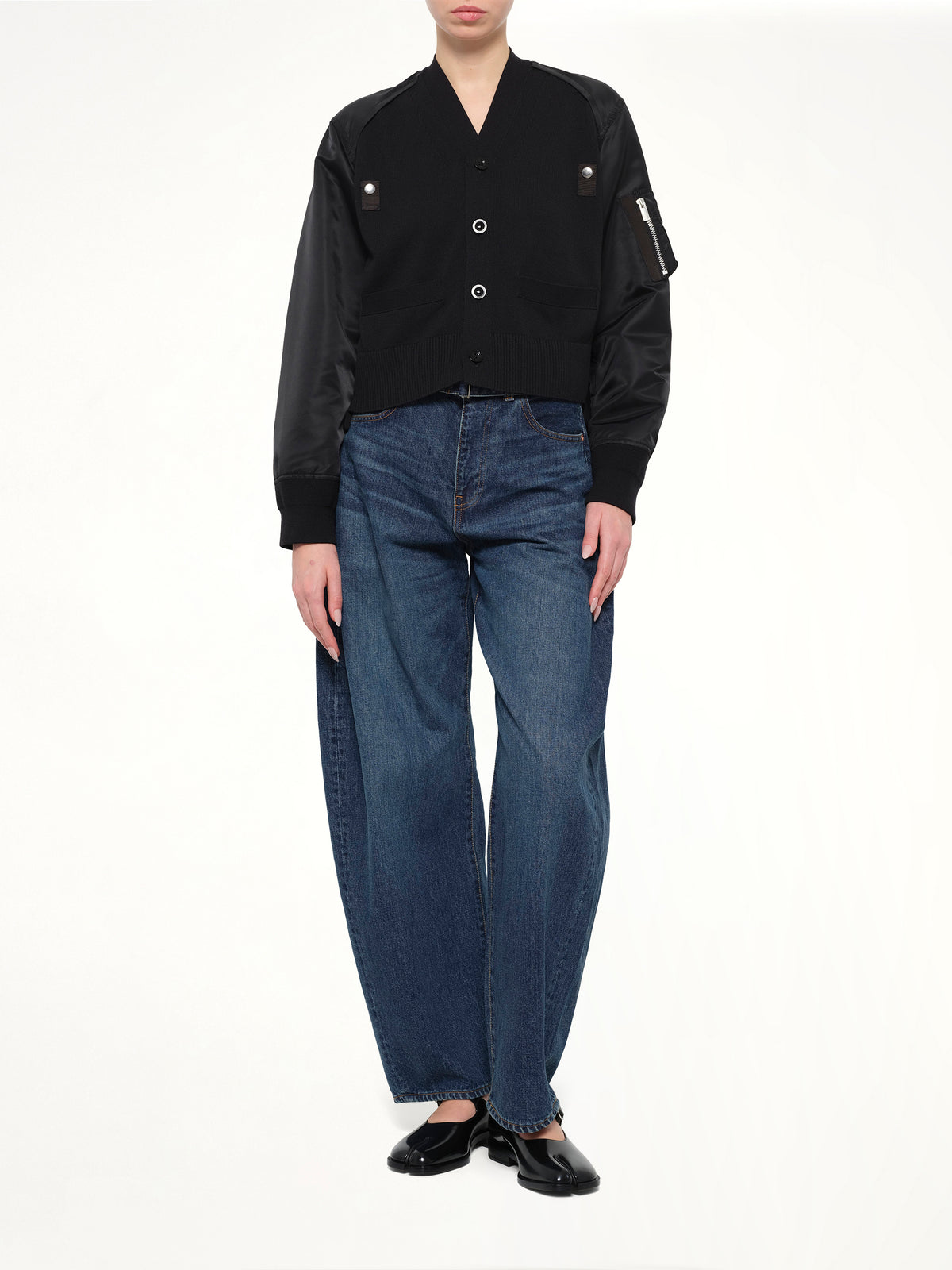 Nylon Twill x Cotton Knit Cardigan in Black