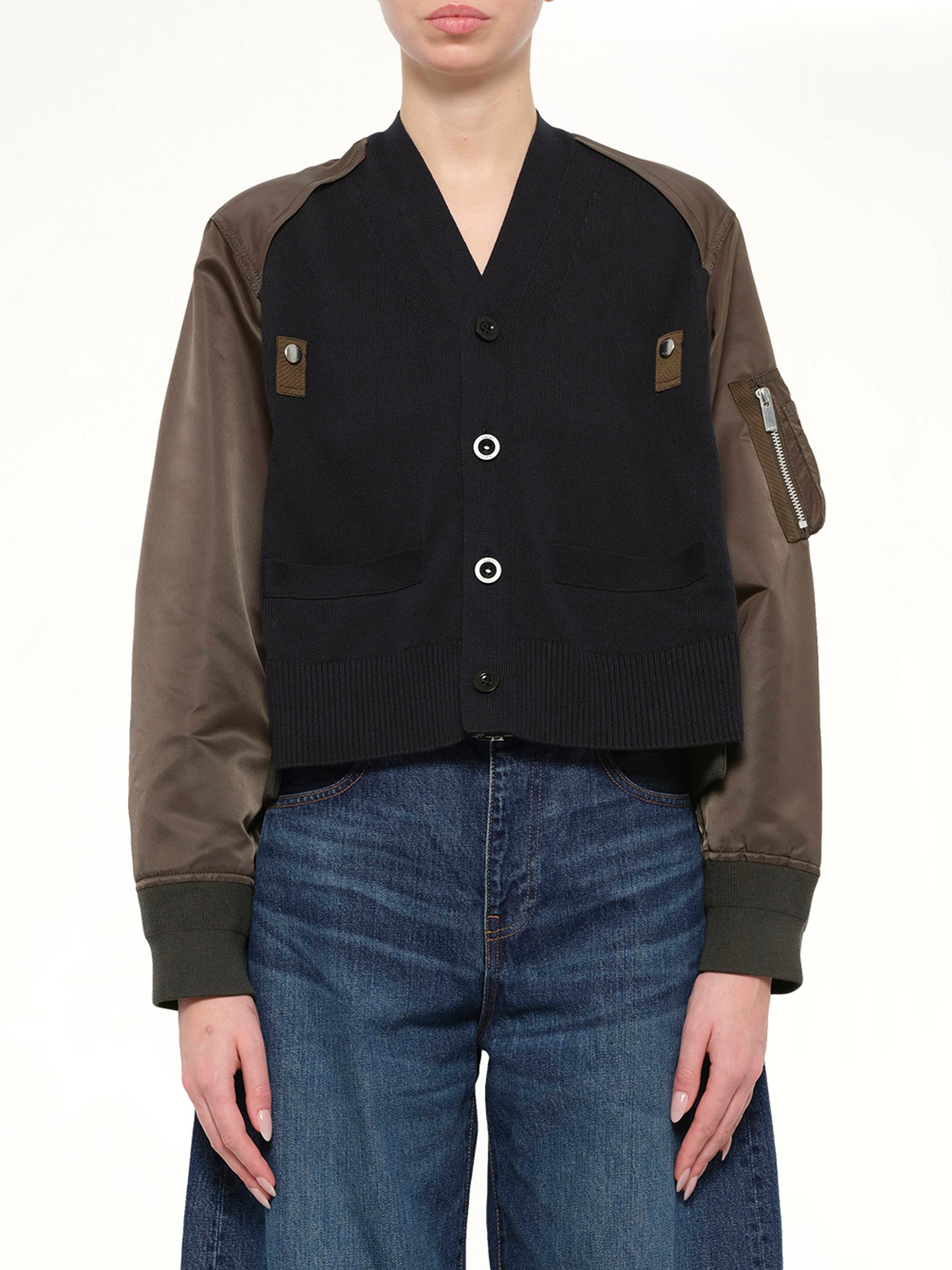 Nylon Twill x Cotton Knit Cardigan in Navy/Dark Khaki