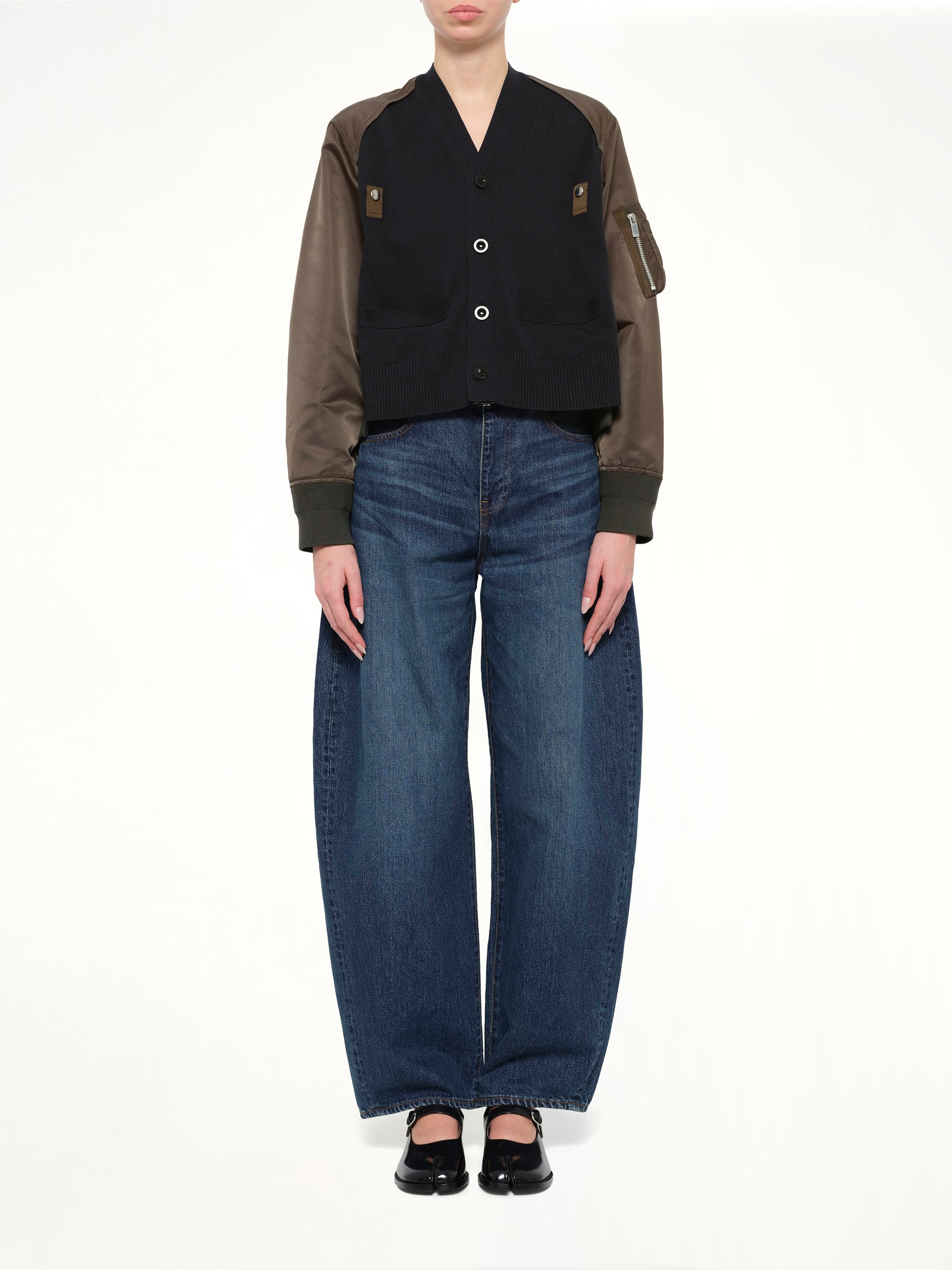 Nylon Twill x Cotton Knit Cardigan in Navy/Dark Khaki