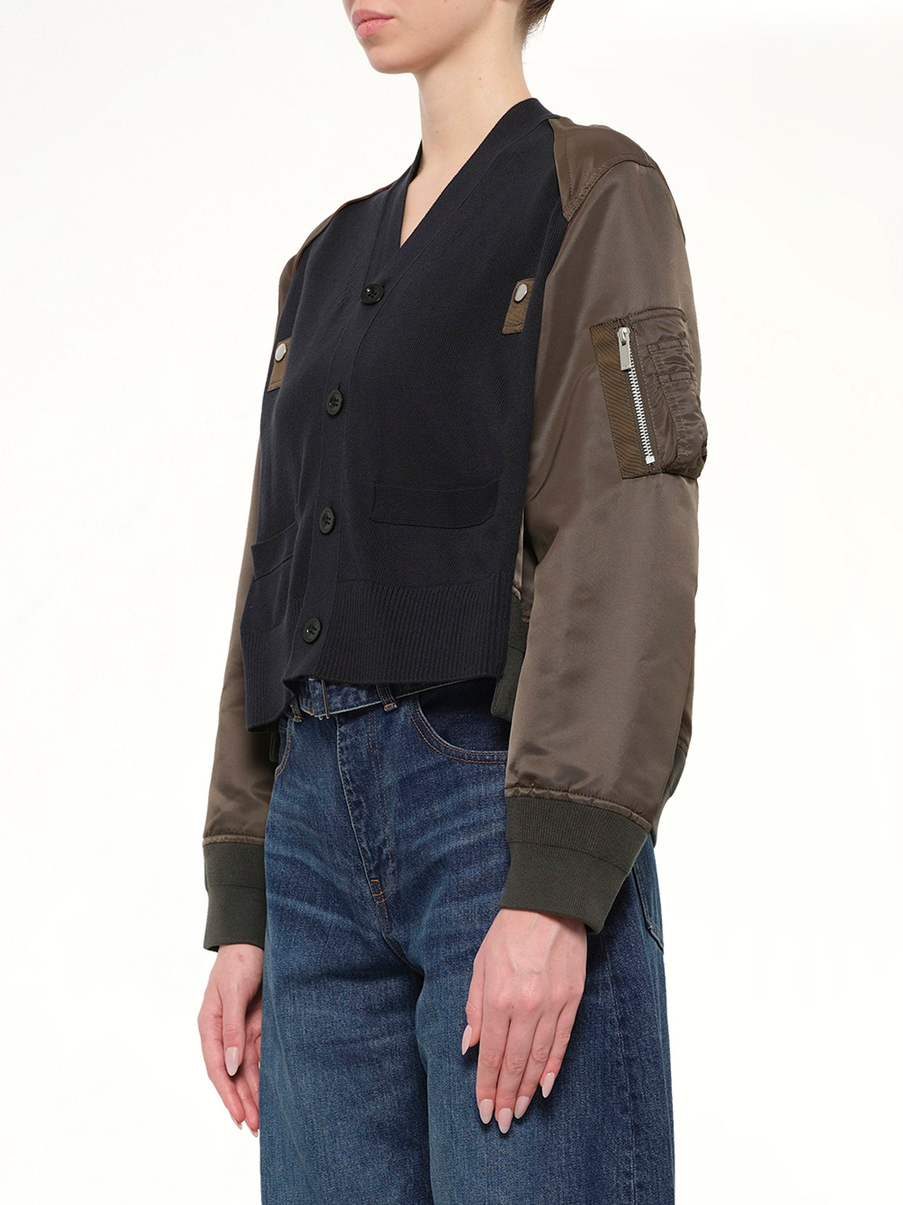 Nylon Twill x Cotton Knit Cardigan in Navy/Dark Khaki