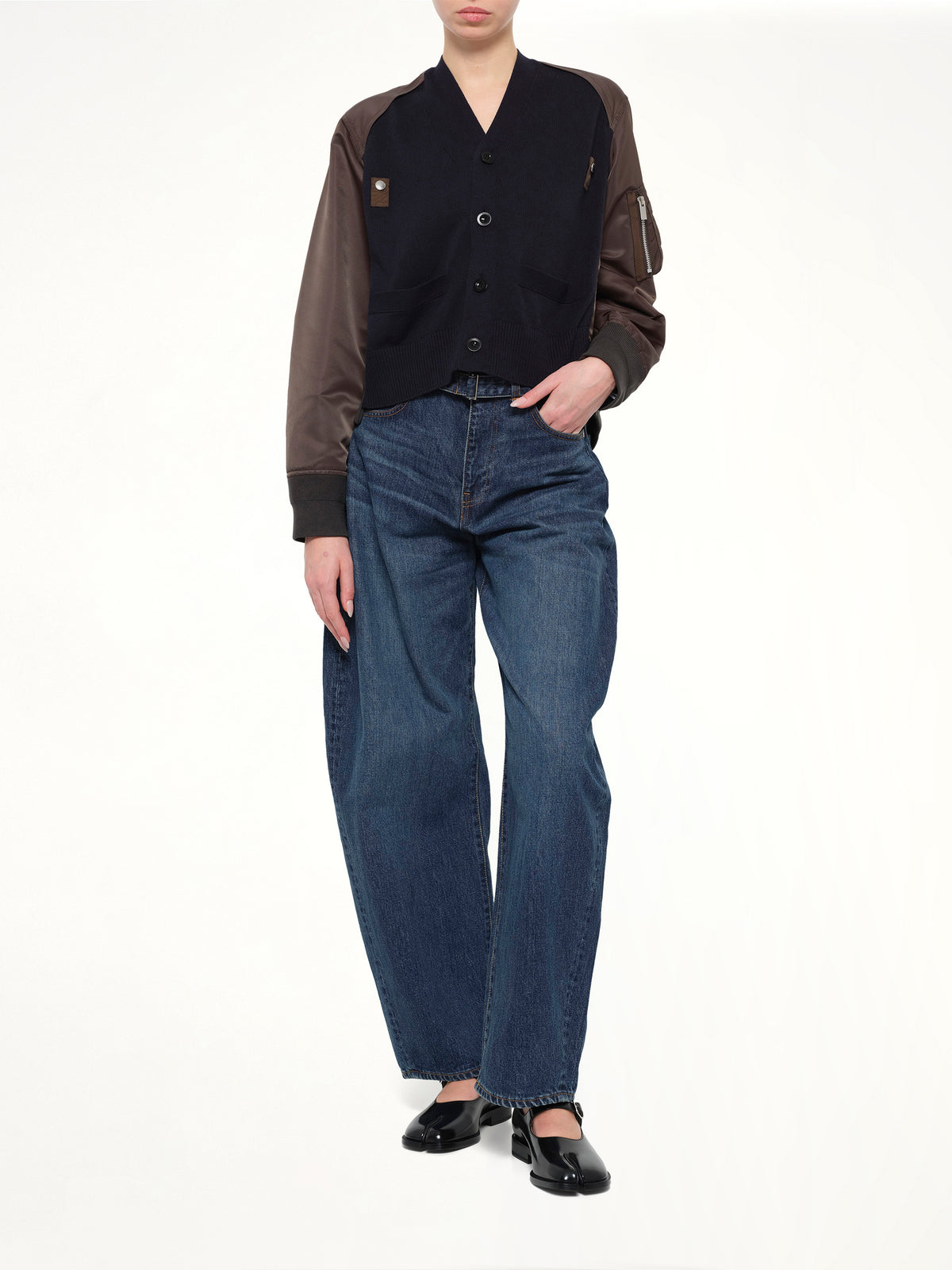 Nylon Twill x Cotton Knit Cardigan in Navy/Dark Khaki