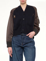 Nylon Twill x Cotton Knit Cardigan in Navy/Dark Khaki