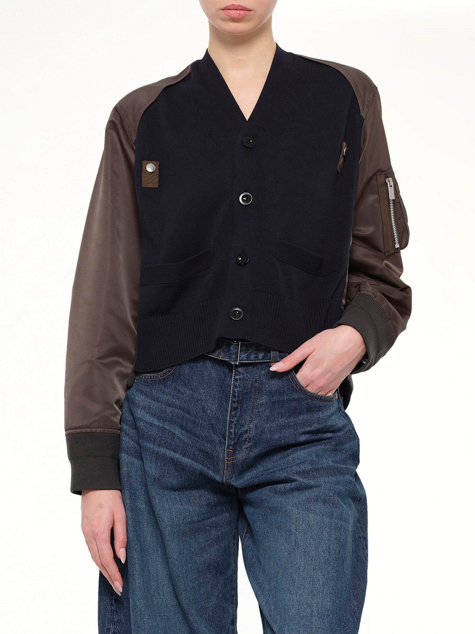 Nylon Twill x Cotton Knit Cardigan in Navy/Dark Khaki