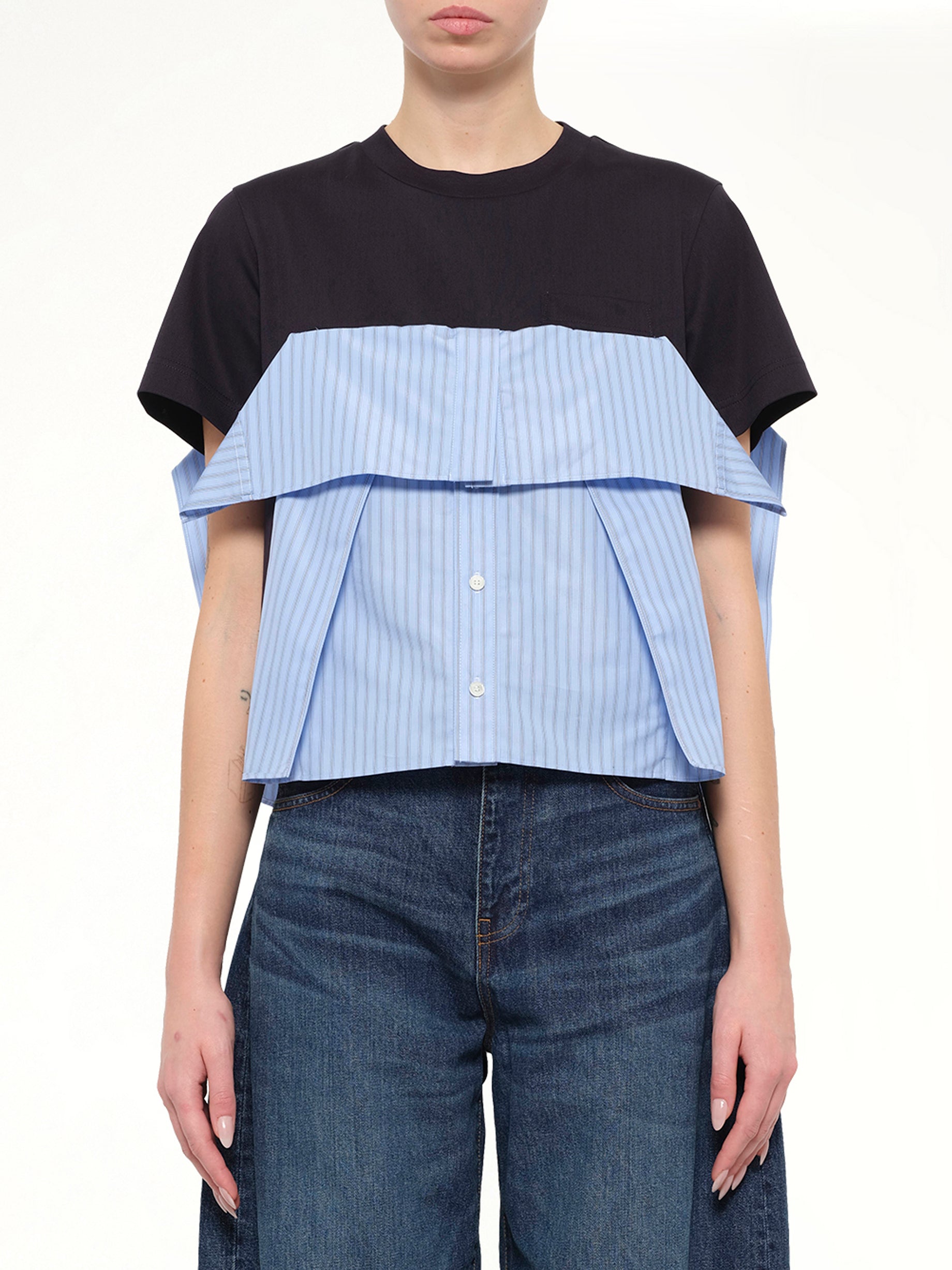 Poplin x Cotton Jersey T-Shirt in Navy/Blue Stripe