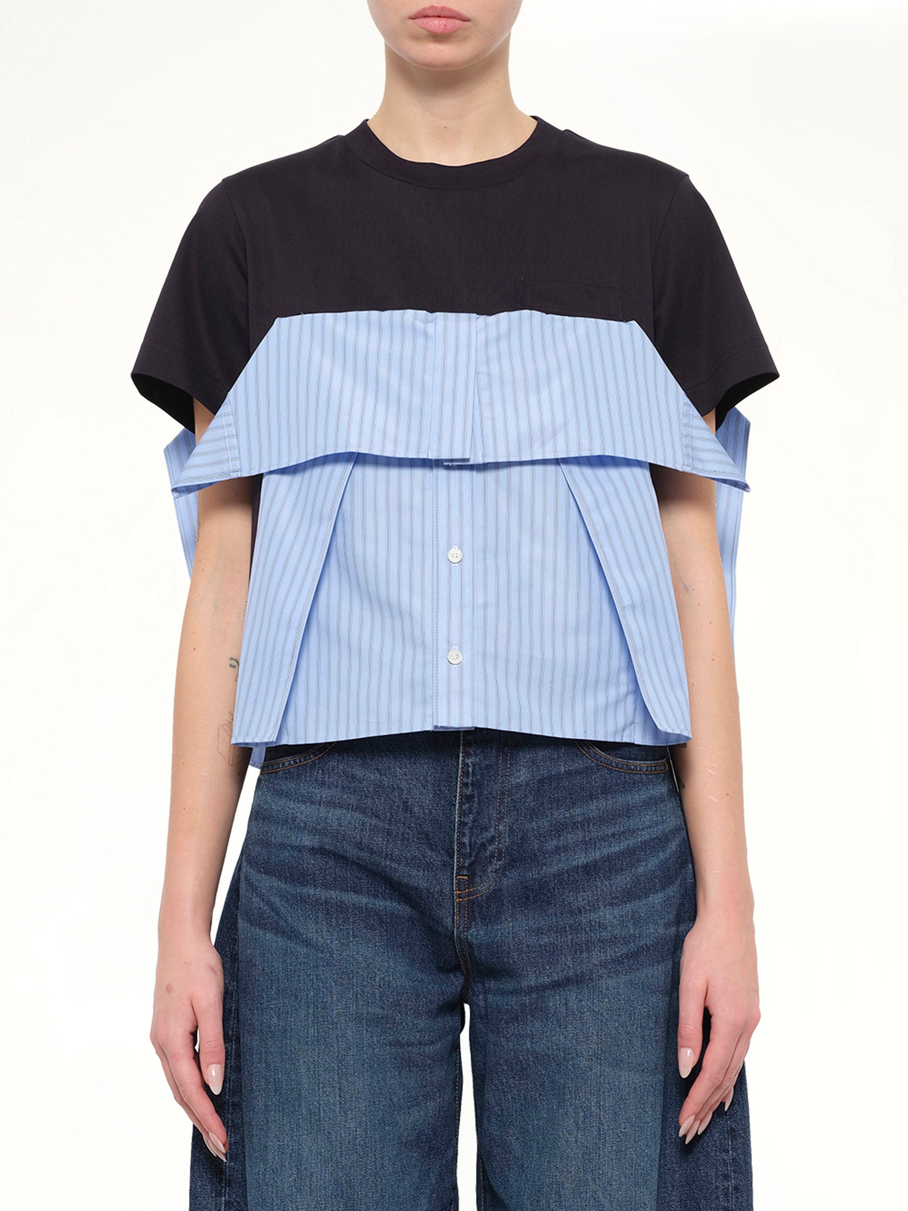 Poplin x Cotton Jersey T-Shirt in Navy/Blue Stripe