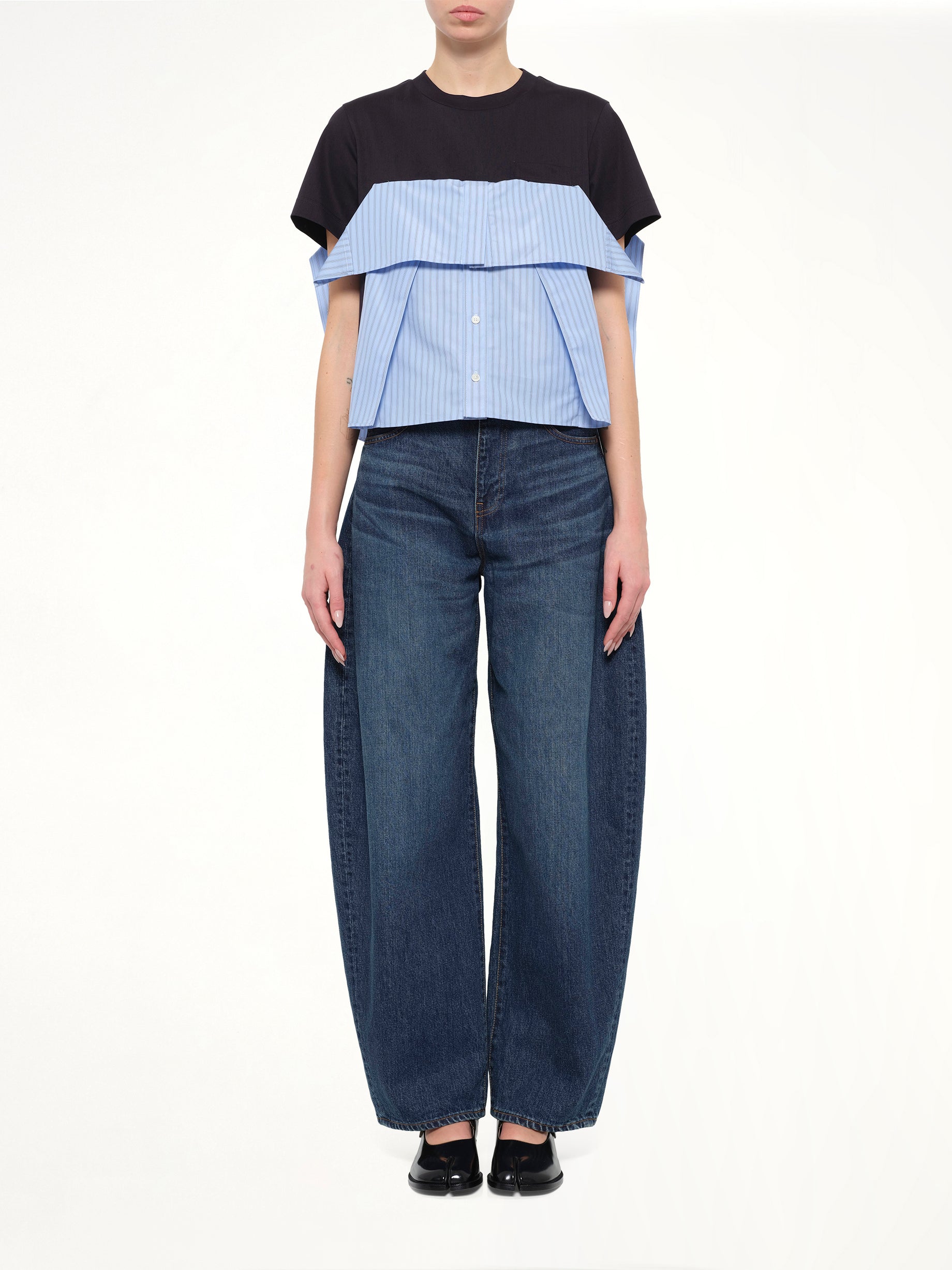 Poplin x Cotton Jersey T-Shirt in Navy/Blue Stripe