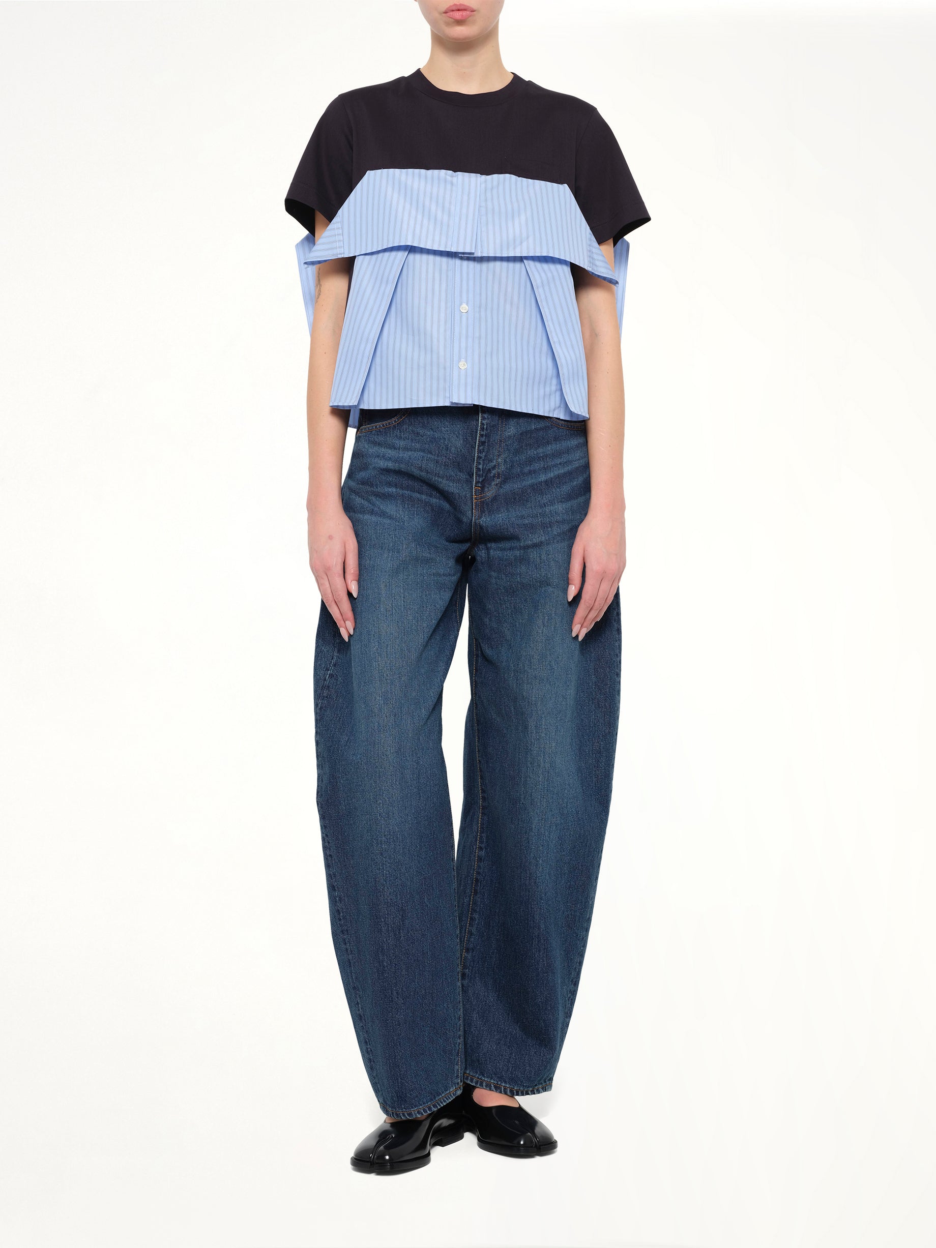 Poplin x Cotton Jersey T-Shirt in Navy/Blue Stripe