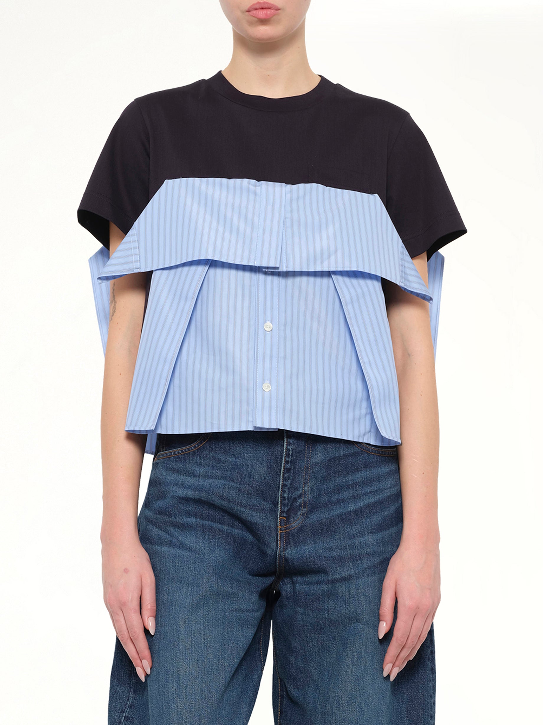 Poplin x Cotton Jersey T-Shirt in Navy/Blue Stripe