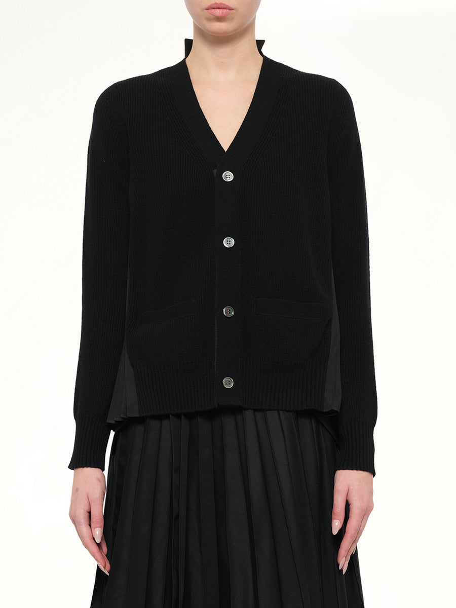 Wool Knit x Cotton Poplin Cardigan in Black