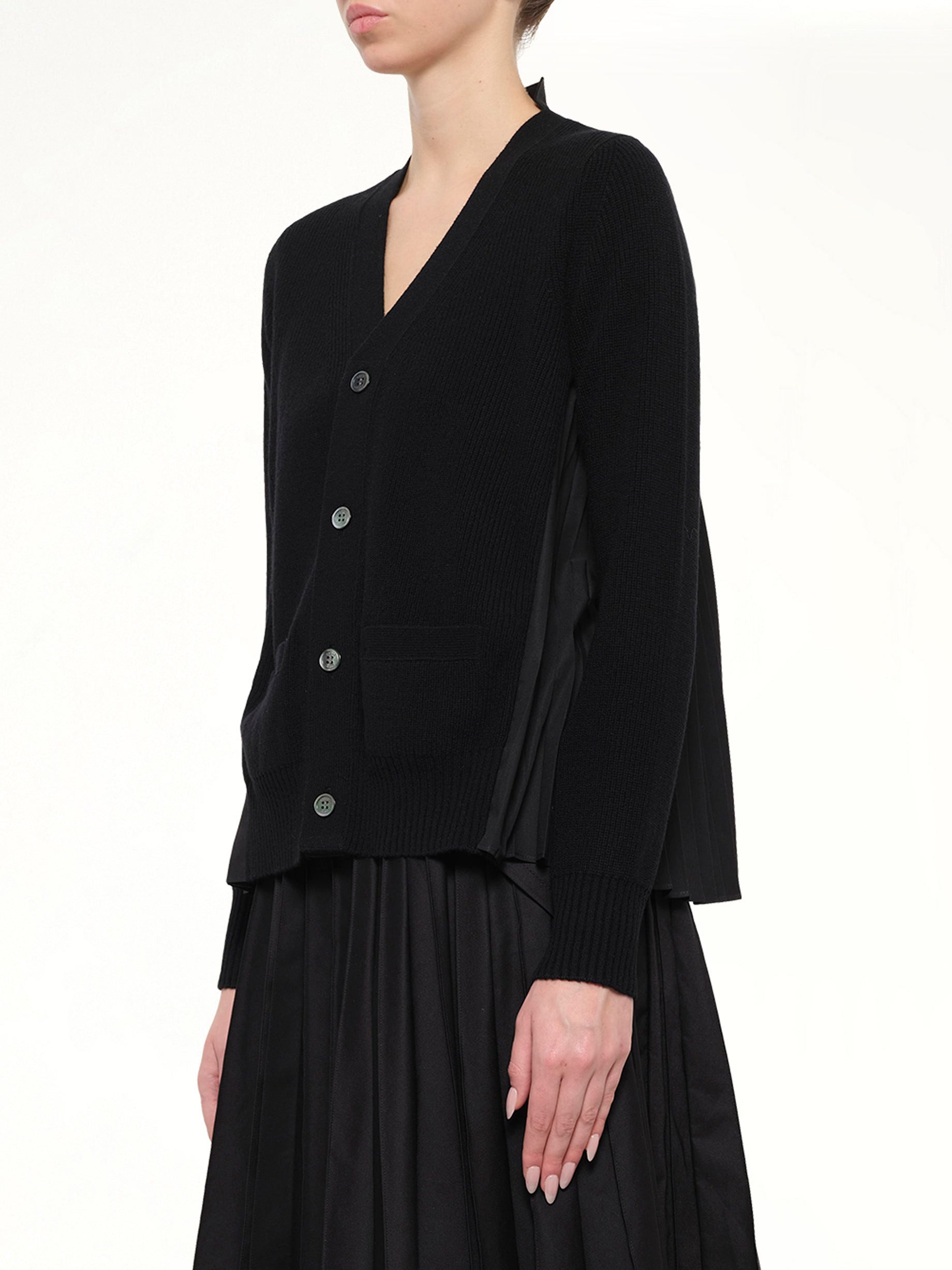 Wool Knit x Cotton Poplin Cardigan in Black
