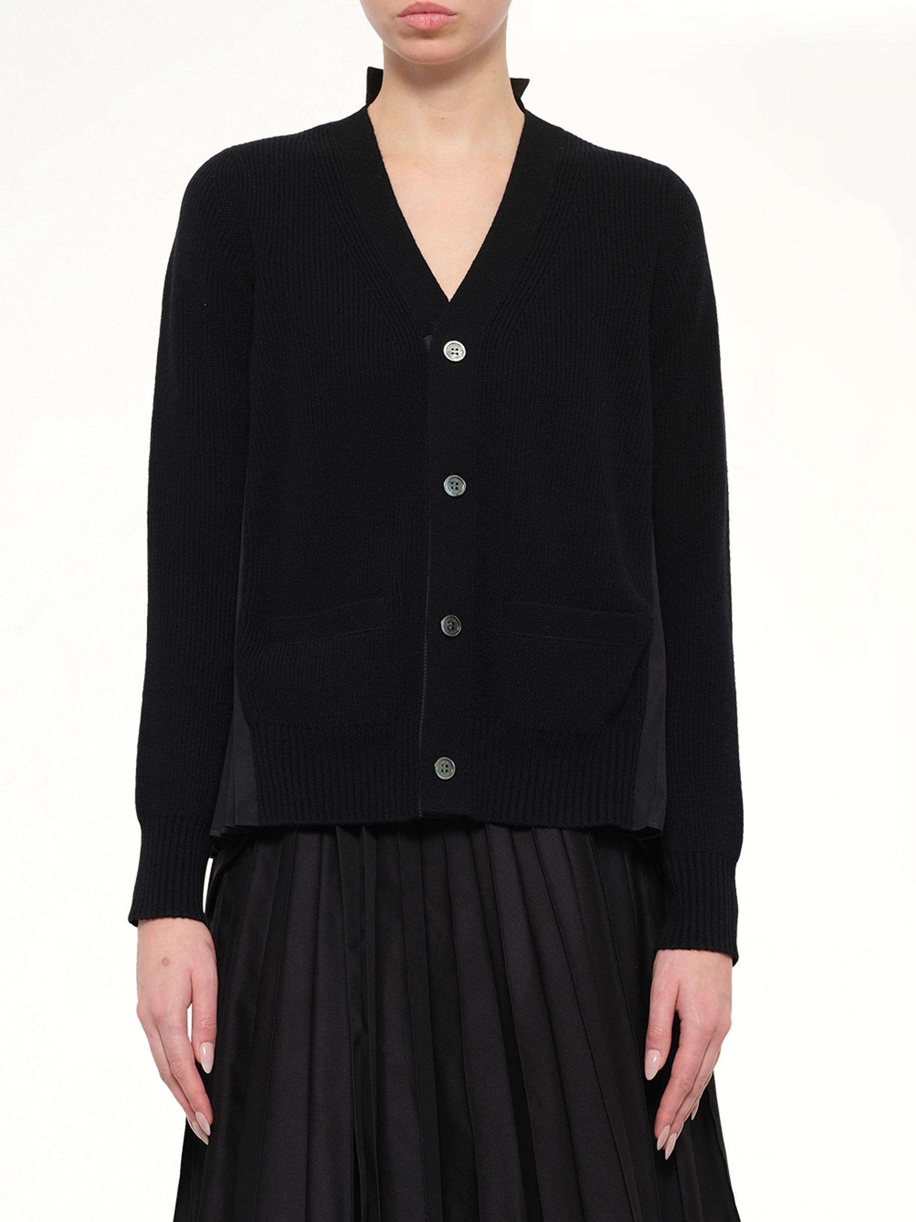 Wool Knit x Cotton Poplin Cardigan in Black