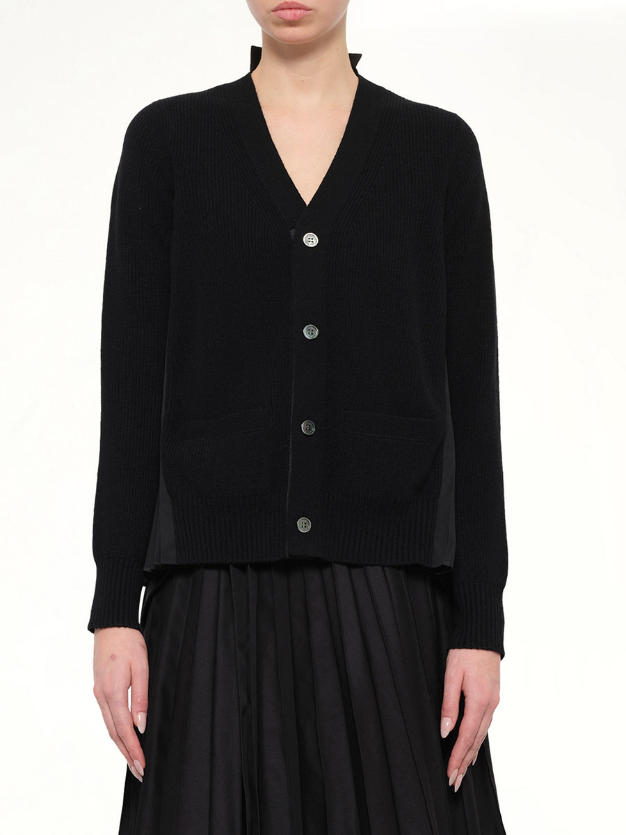 Wool Knit x Cotton Poplin Cardigan in Black
