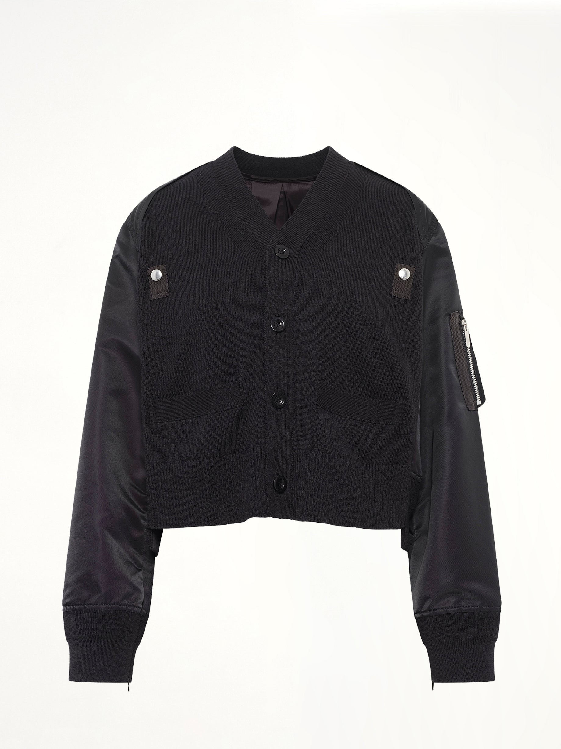 Nylon Twill x Cotton Knit Cardigan in Black