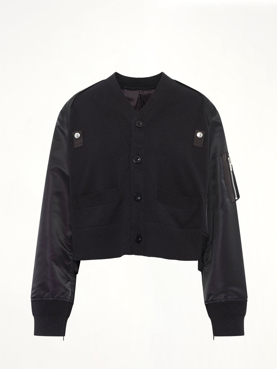 Nylon Twill x Cotton Knit Cardigan in Black