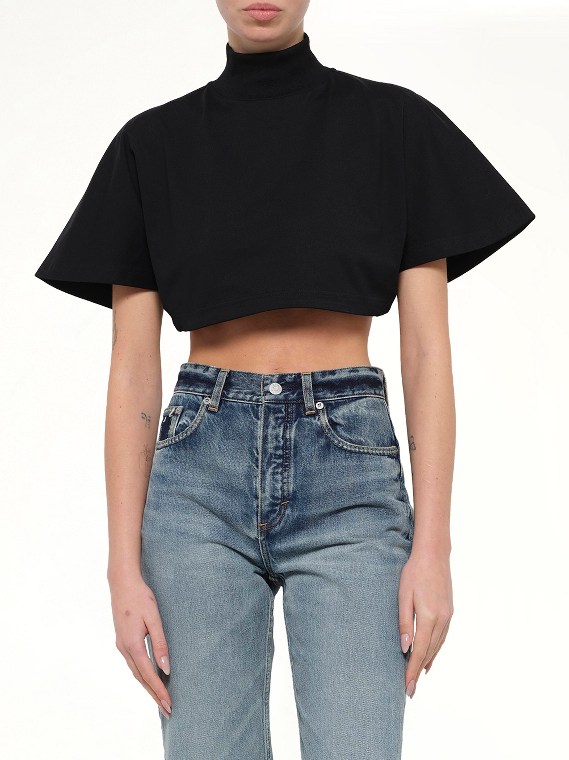 Cotton Jersey Highneck T-Shirt in Black