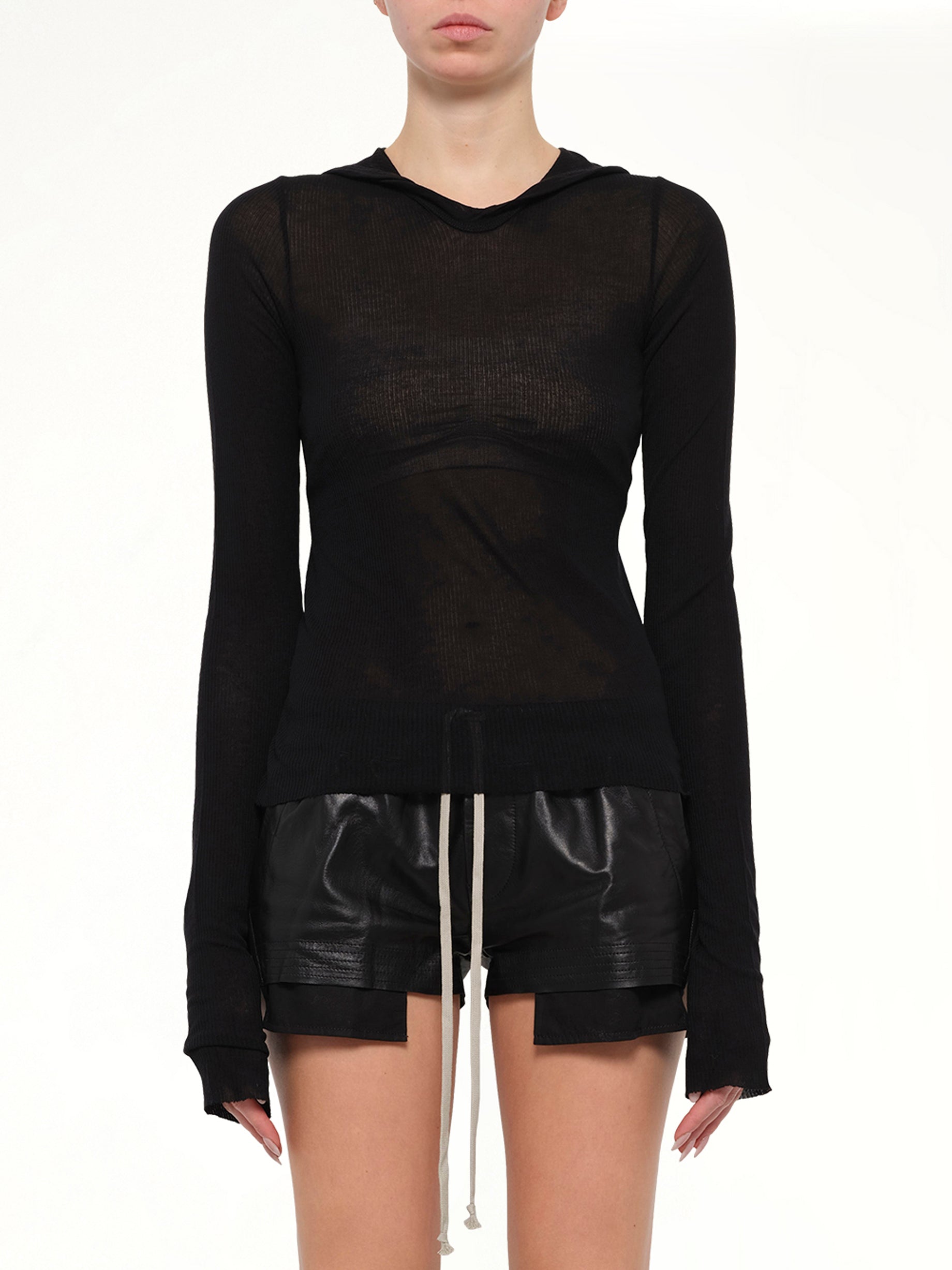 Cropped Hooded Rib LS T-Shirt in Black