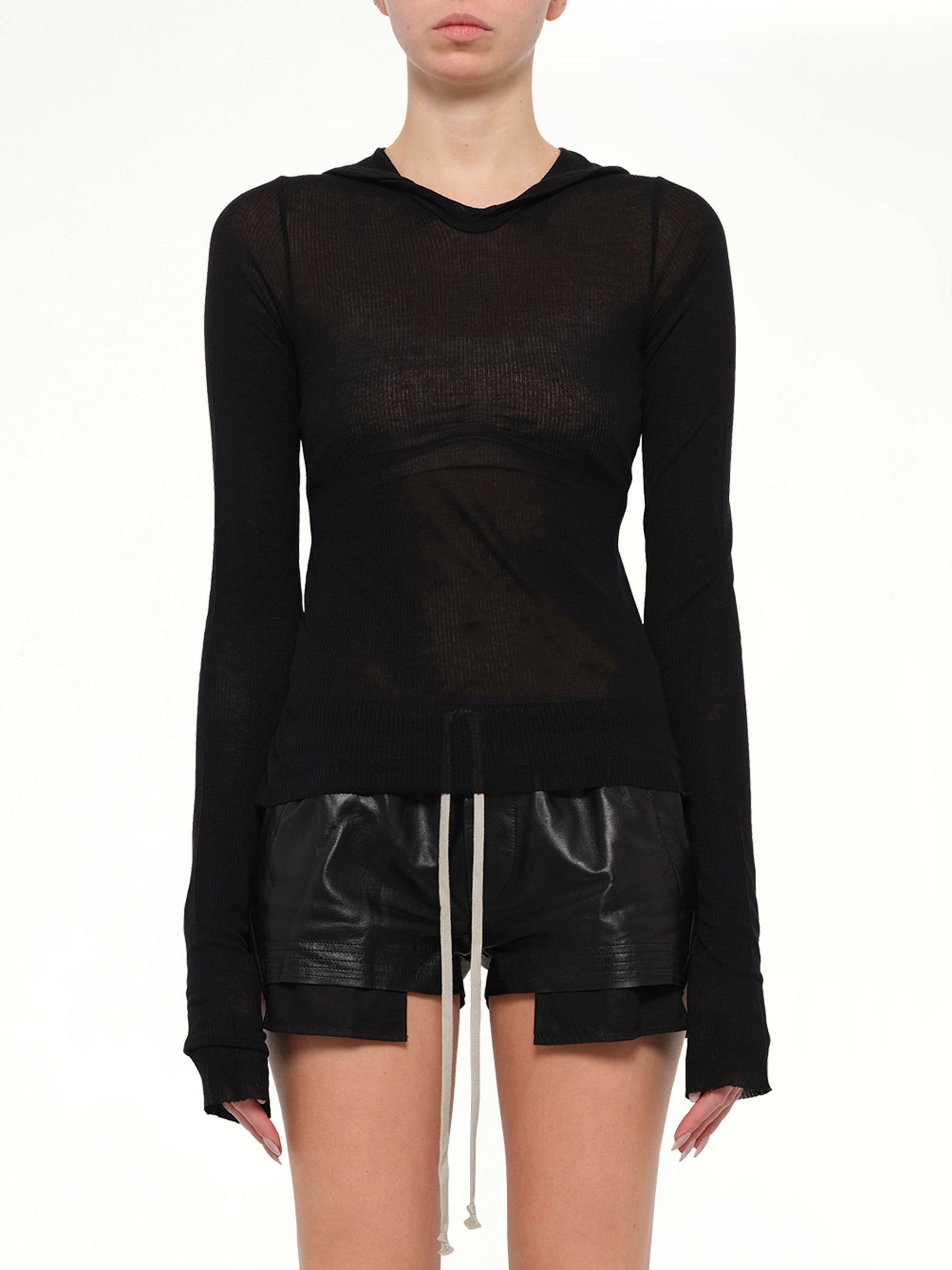 Cropped Hooded Rib LS T-Shirt in Black