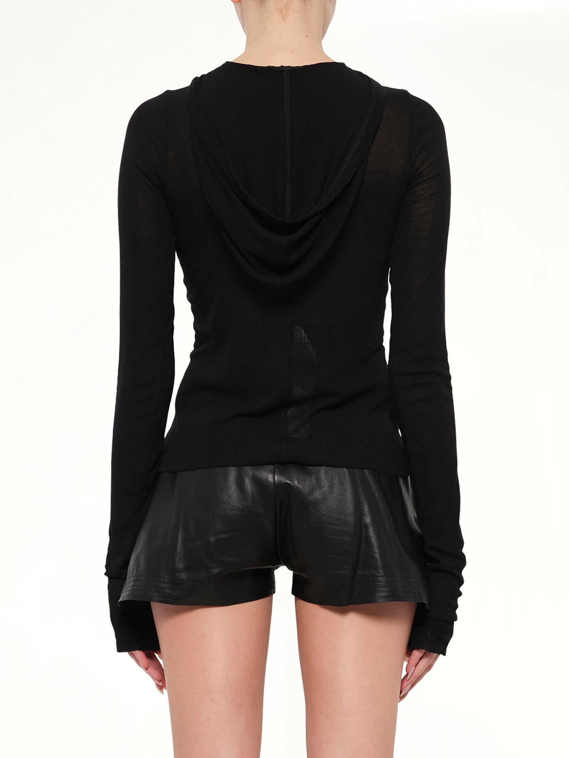 Cropped Hooded Rib LS T-Shirt in Black