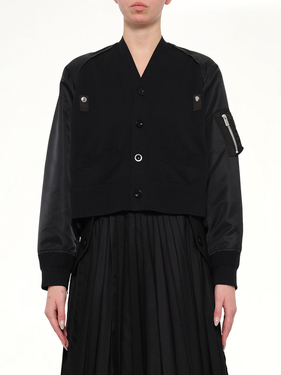 Nylon Twill x Cotton Knit Cardigan in Black