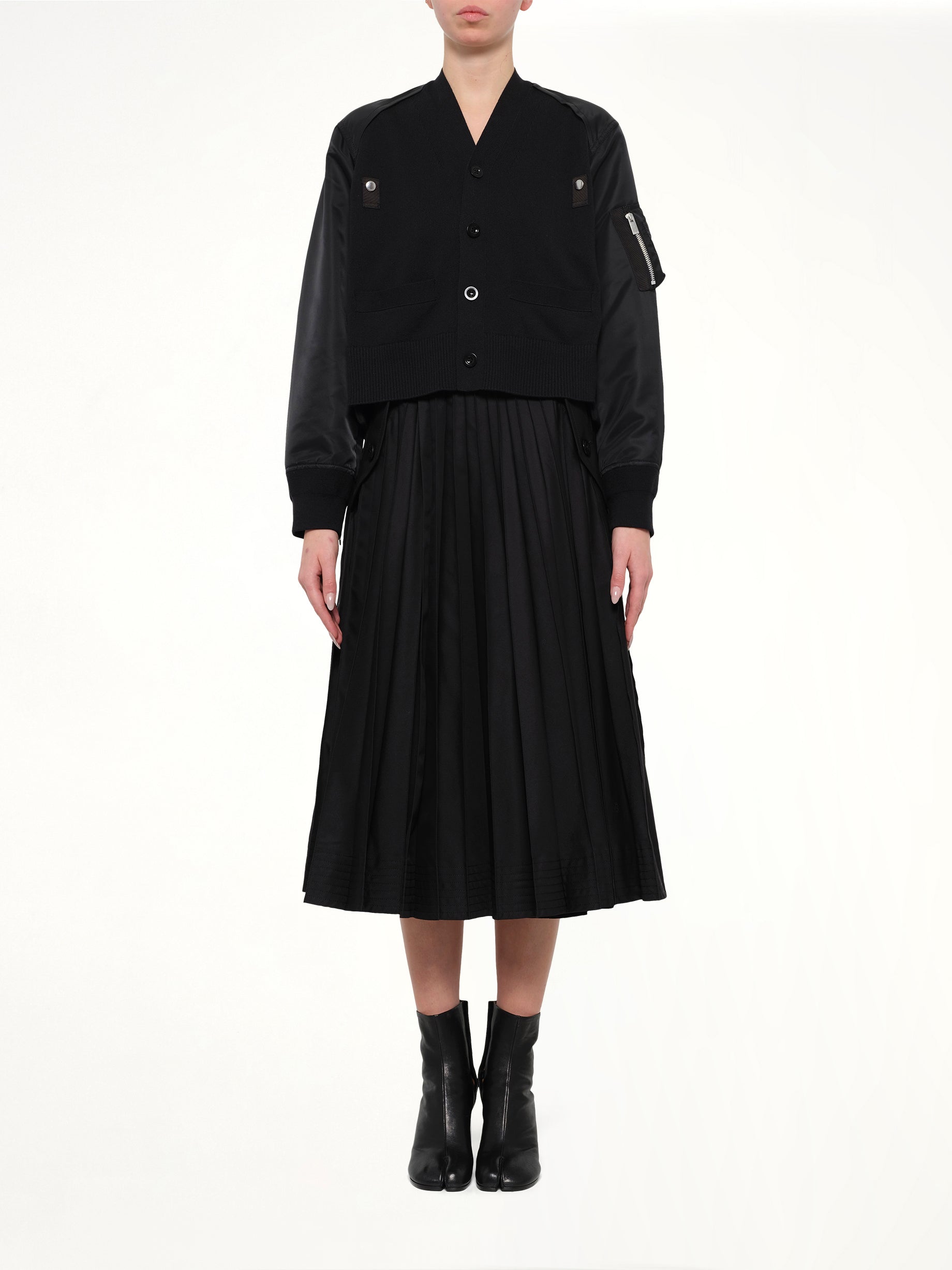 Nylon Twill x Cotton Knit Cardigan in Black