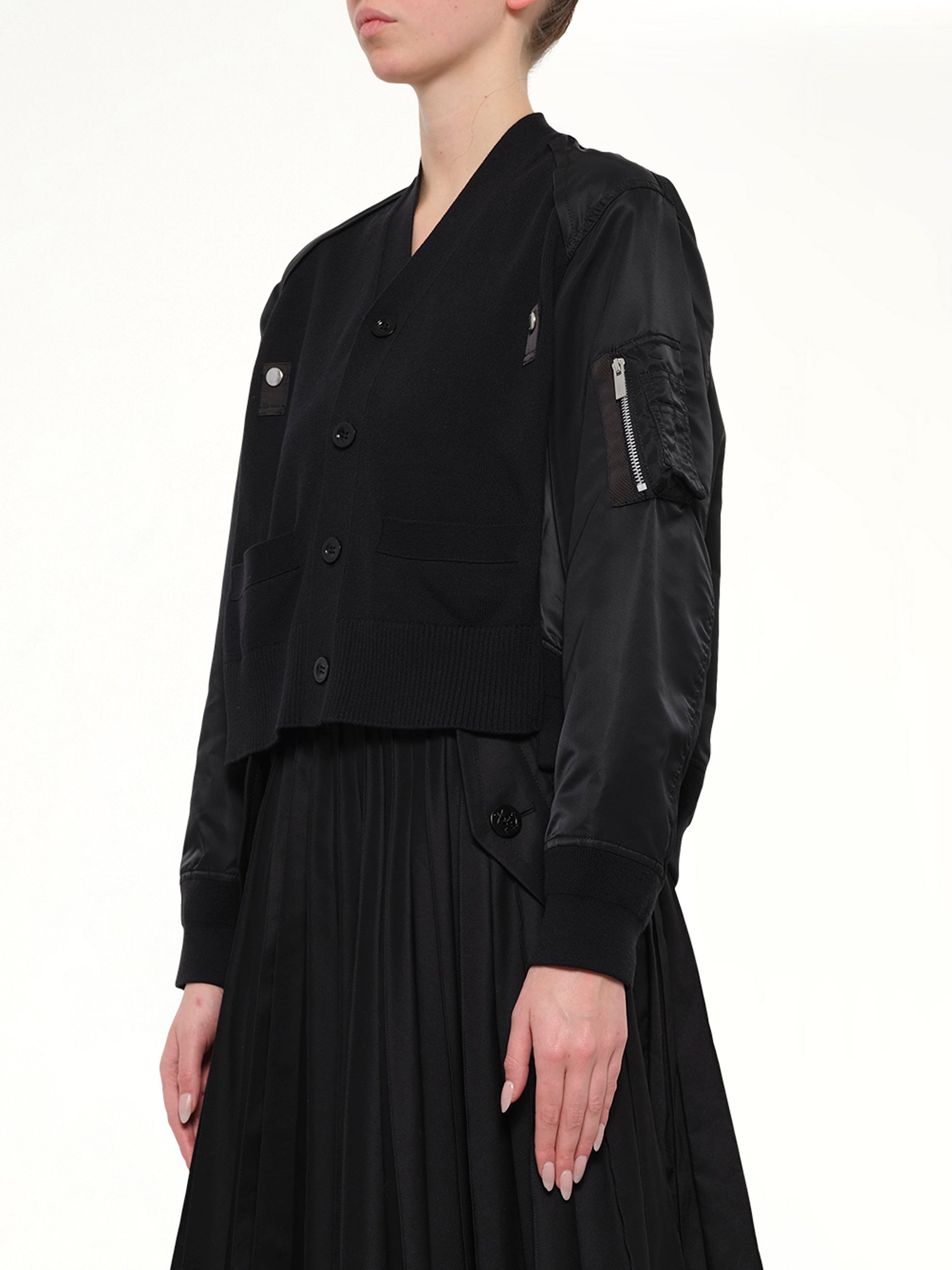 Nylon Twill x Cotton Knit Cardigan in Black