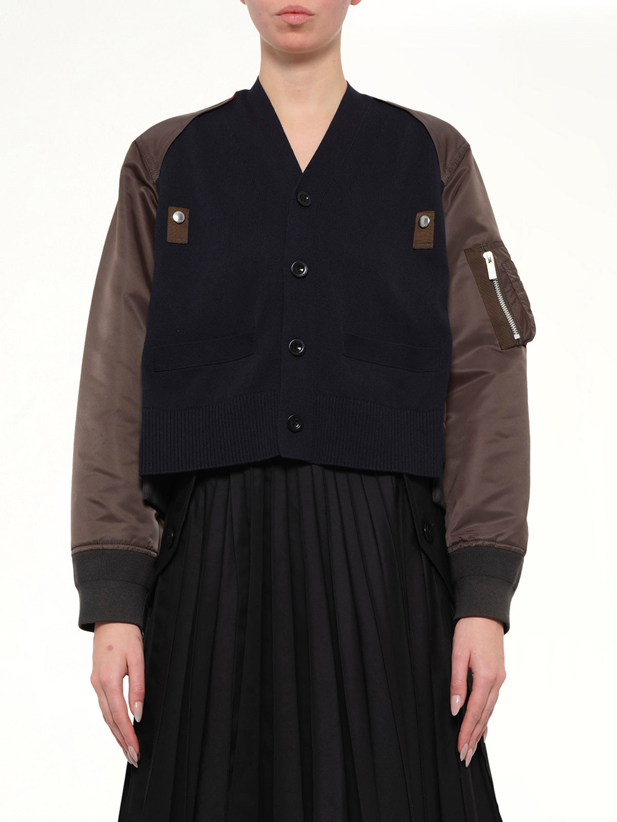 Nylon Twill x Cotton Knit Cardigan in Navy/Dark Khaki