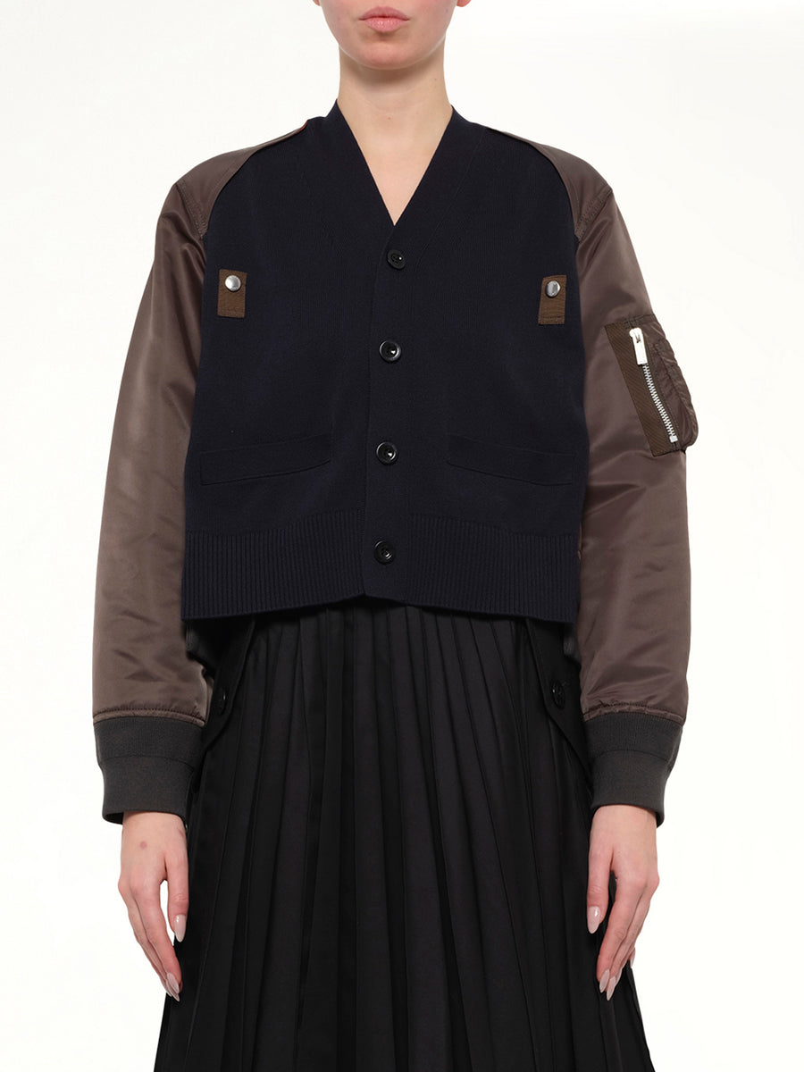 Nylon Twill x Cotton Knit Cardigan in Navy/Dark Khaki