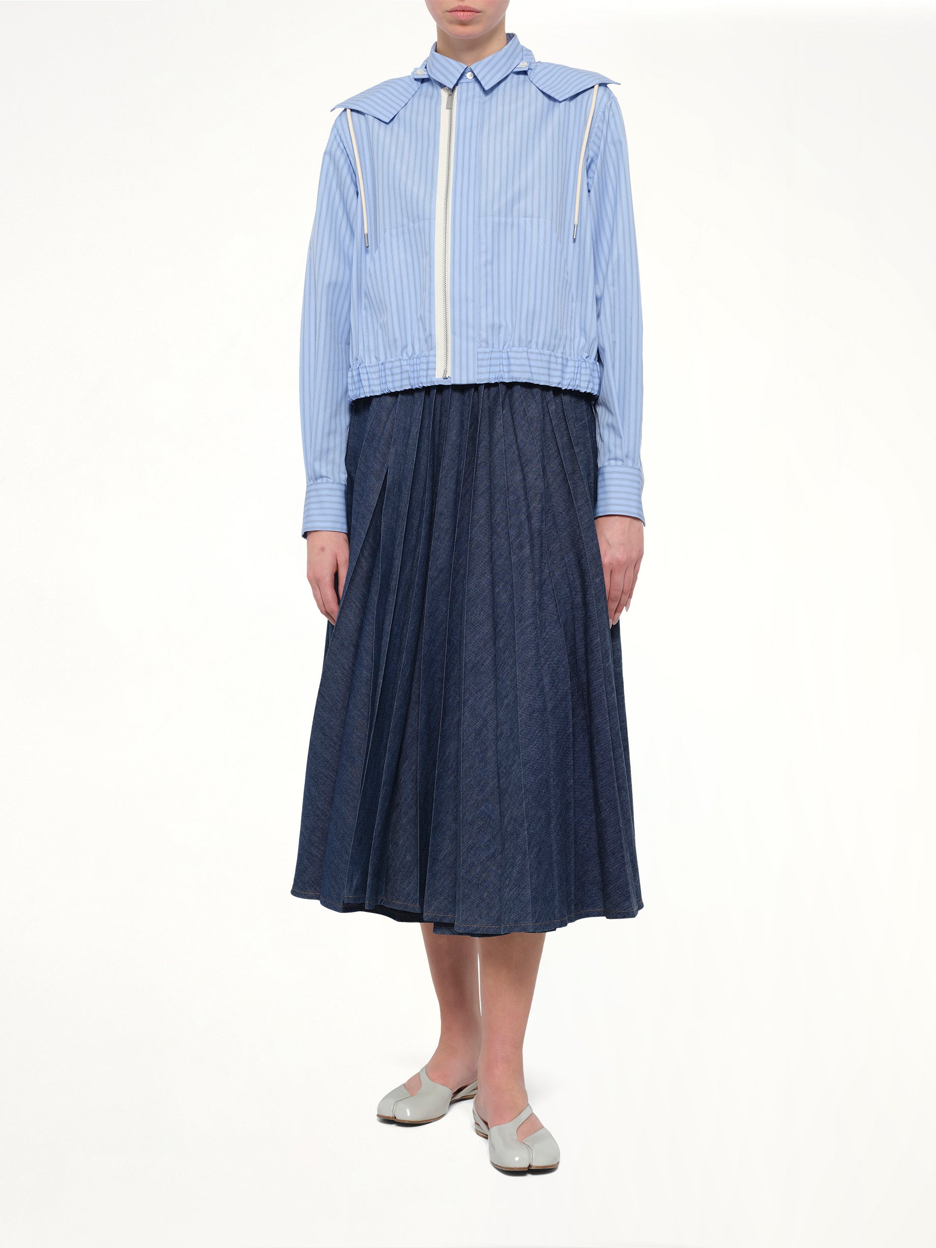 Womens Poplin Hoodie in Light Blue Stripe