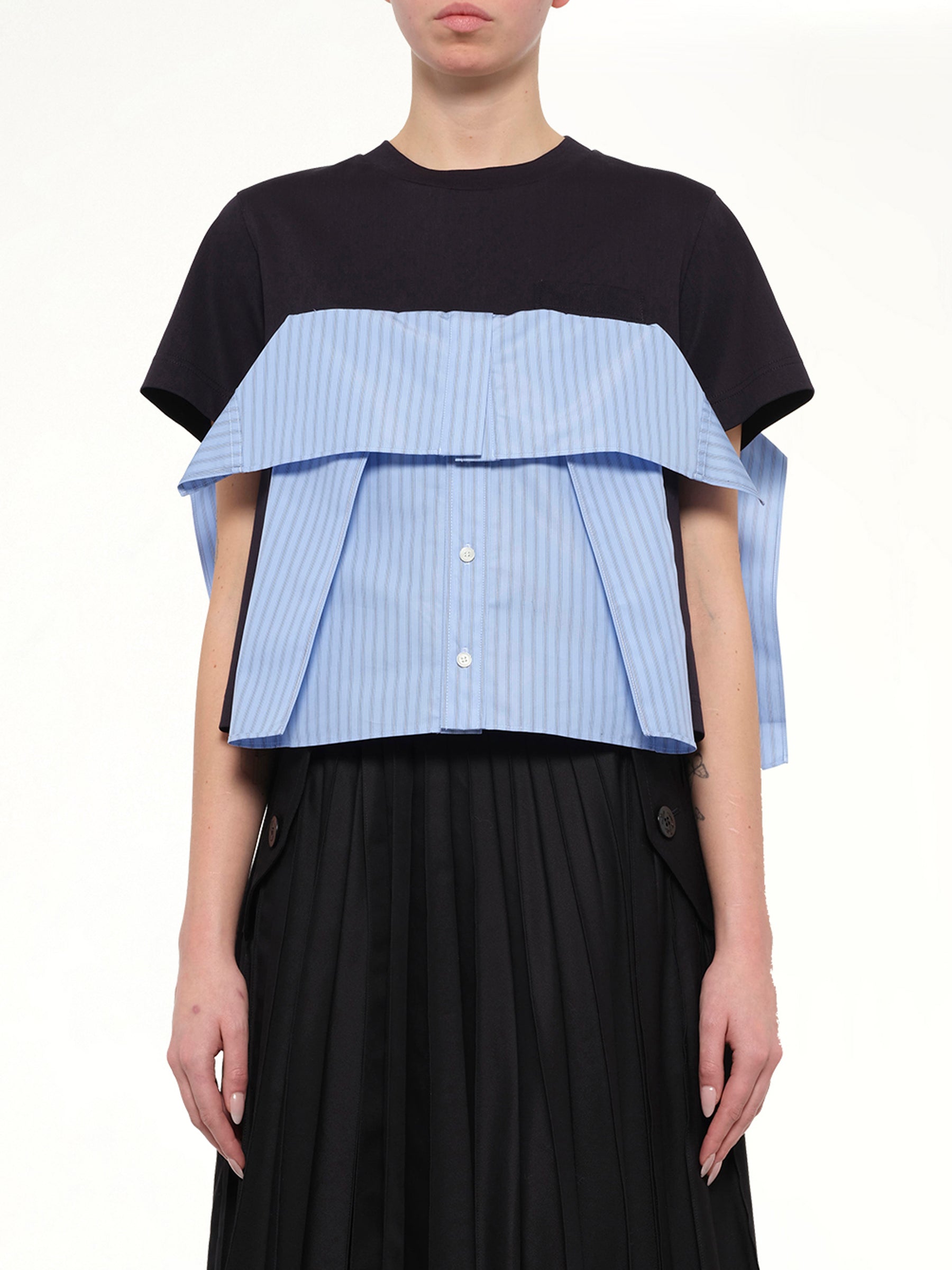 Poplin x Cotton Jersey T-Shirt in Navy/Blue Stripe