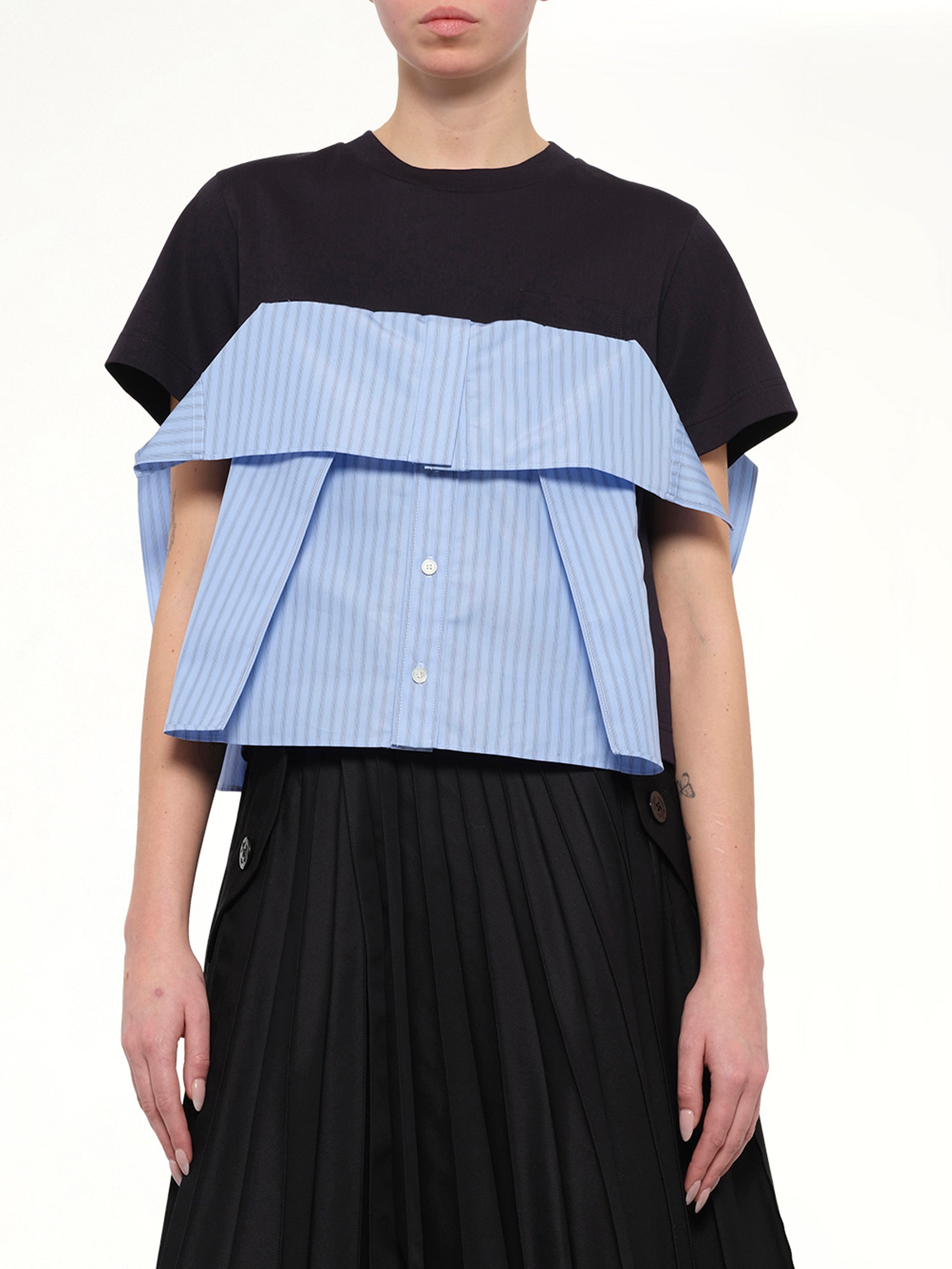 Poplin x Cotton Jersey T-Shirt in Navy/Blue Stripe