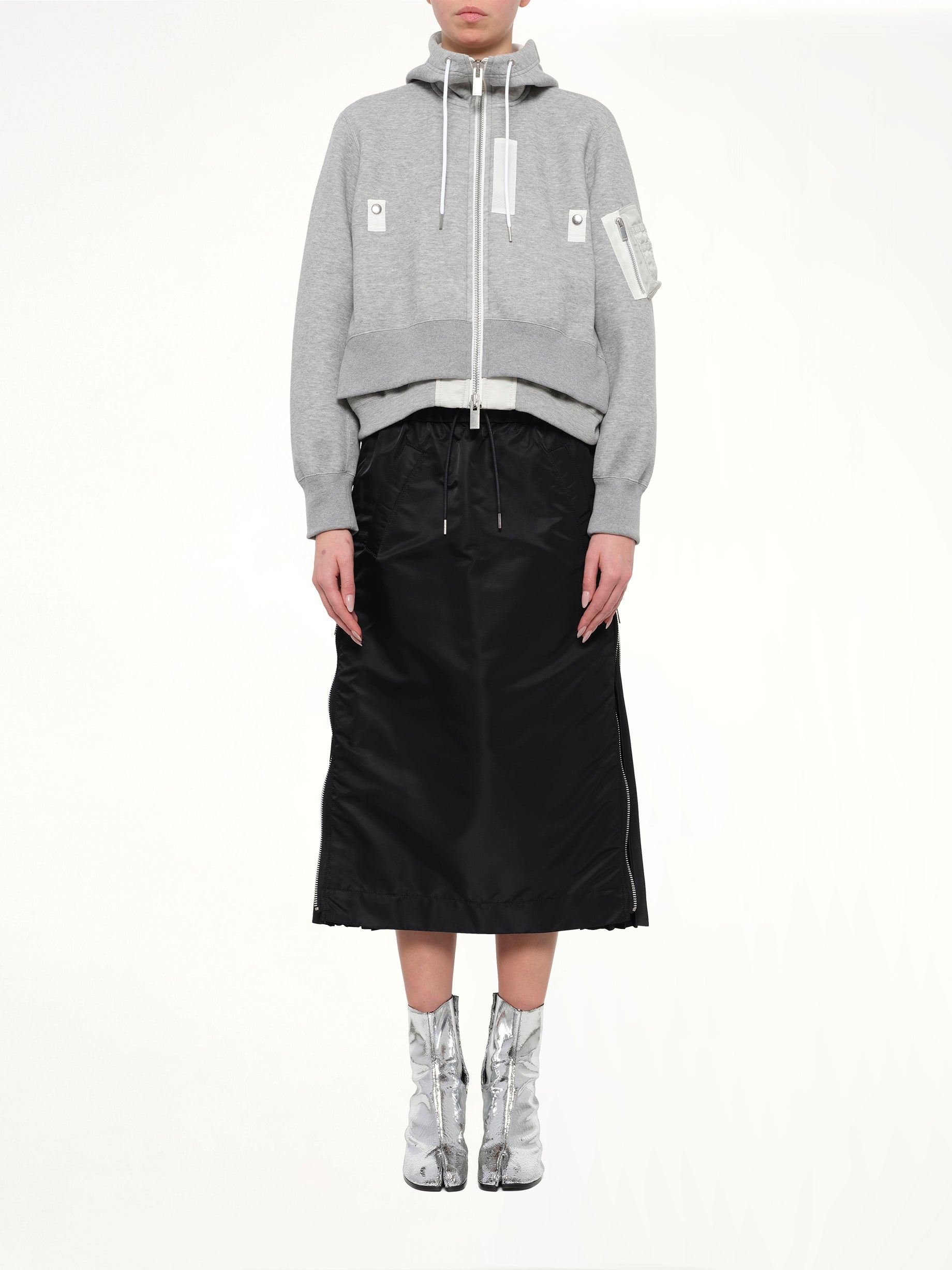 Layered Sponge Sweat x Nylon Twill Hoodie in Light Gray