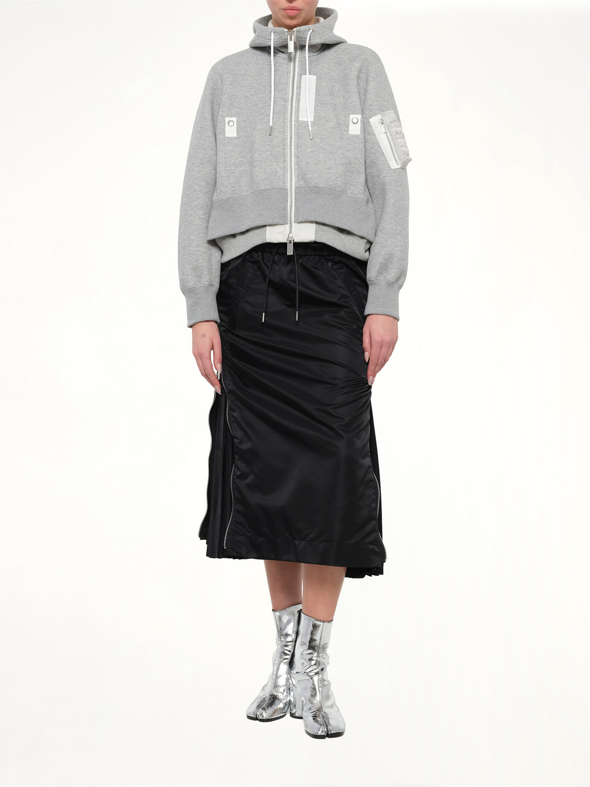 Layered Sponge Sweat x Nylon Twill Hoodie in Light Gray