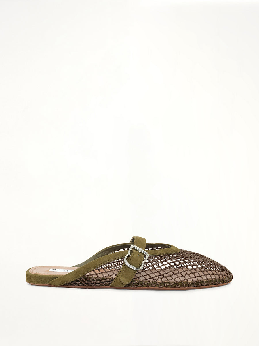 Fishnet Flat Mules in Vert Camouflage
