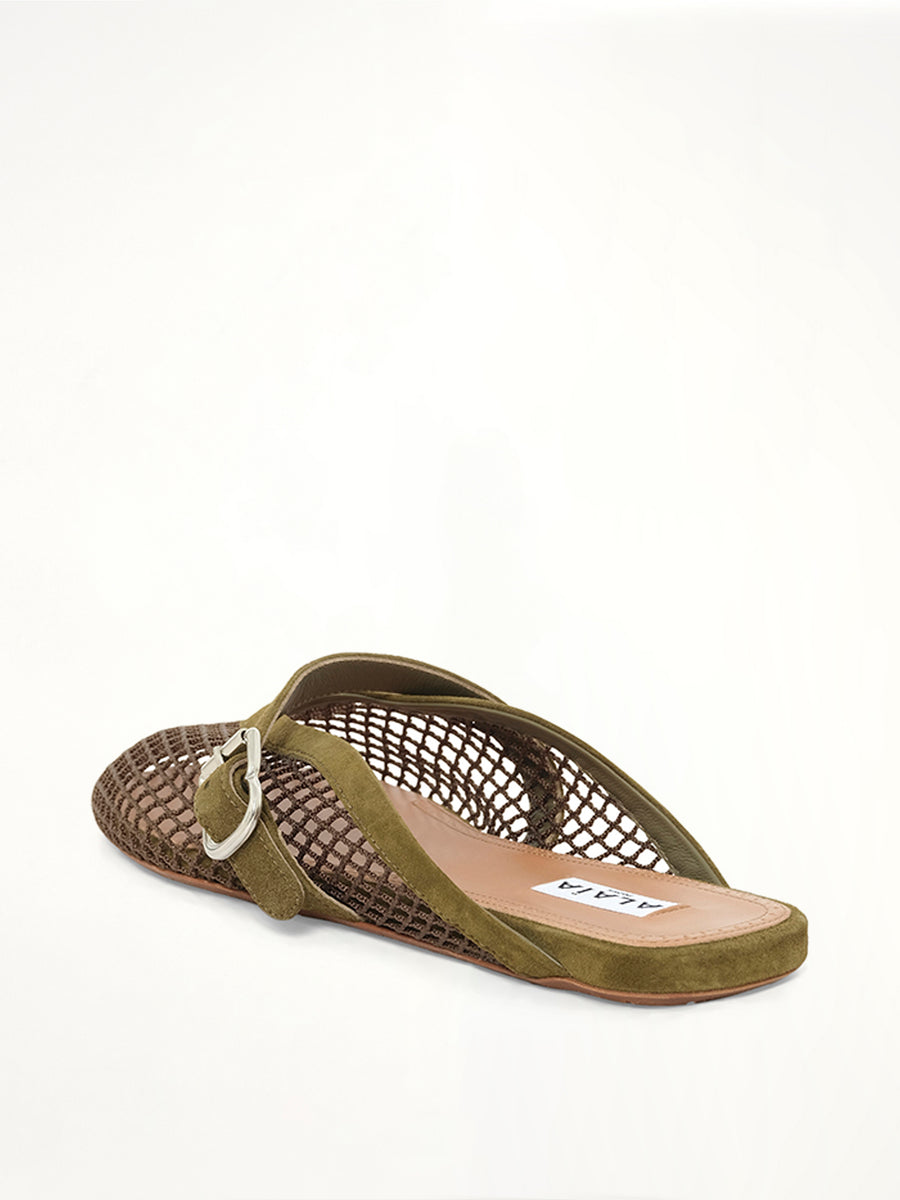 Fishnet Flat Mules in Vert Camouflage