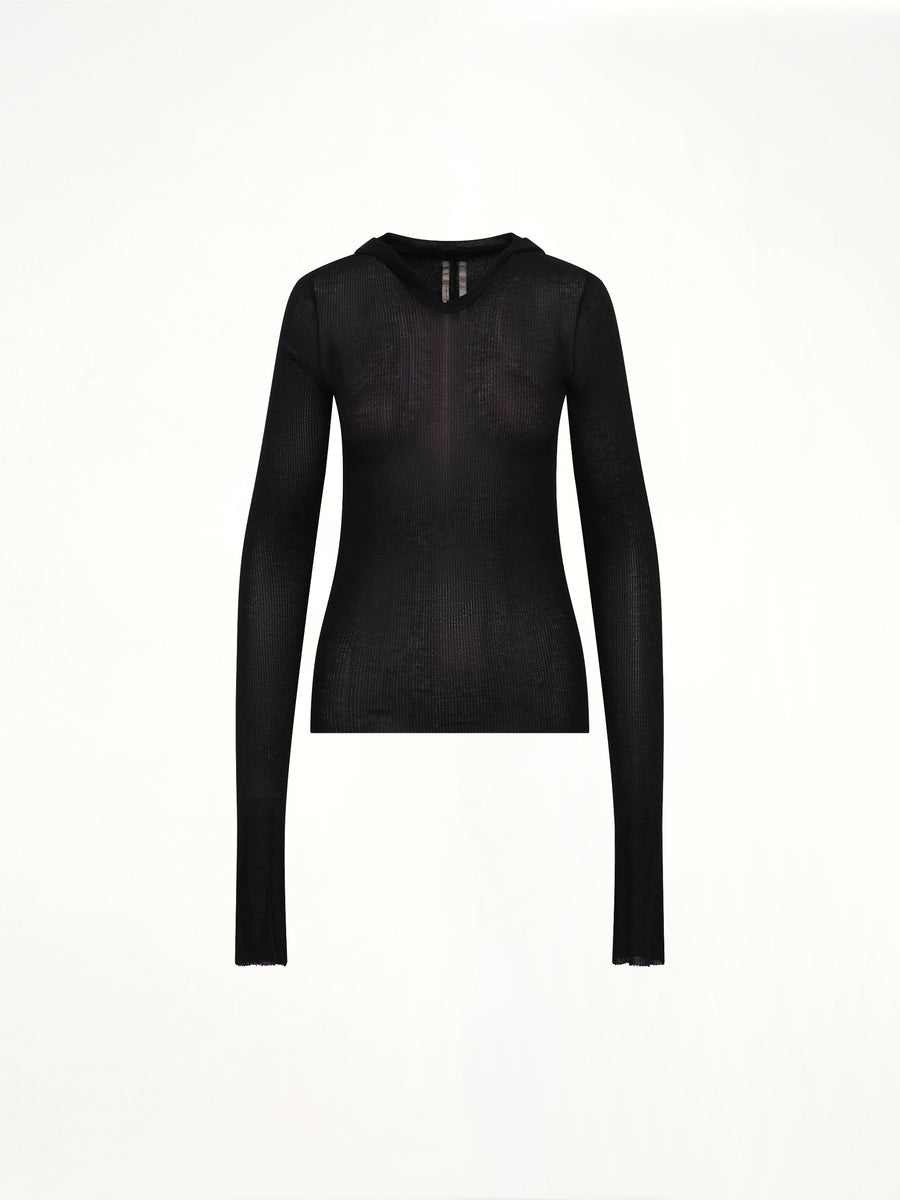 Cropped Hooded Rib LS T-Shirt in Black