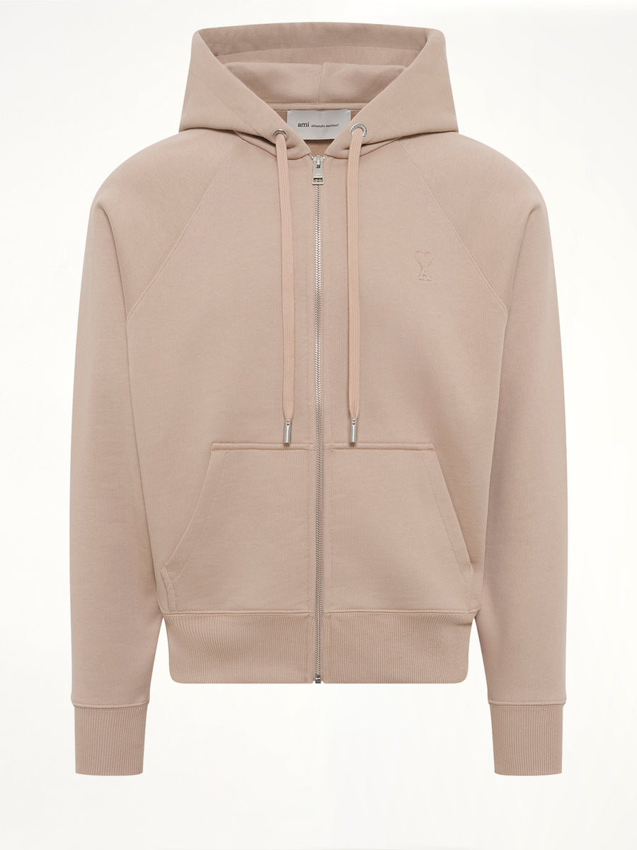 Tonal Embossed Ami De Coeur Zipped Hoodie in Beige