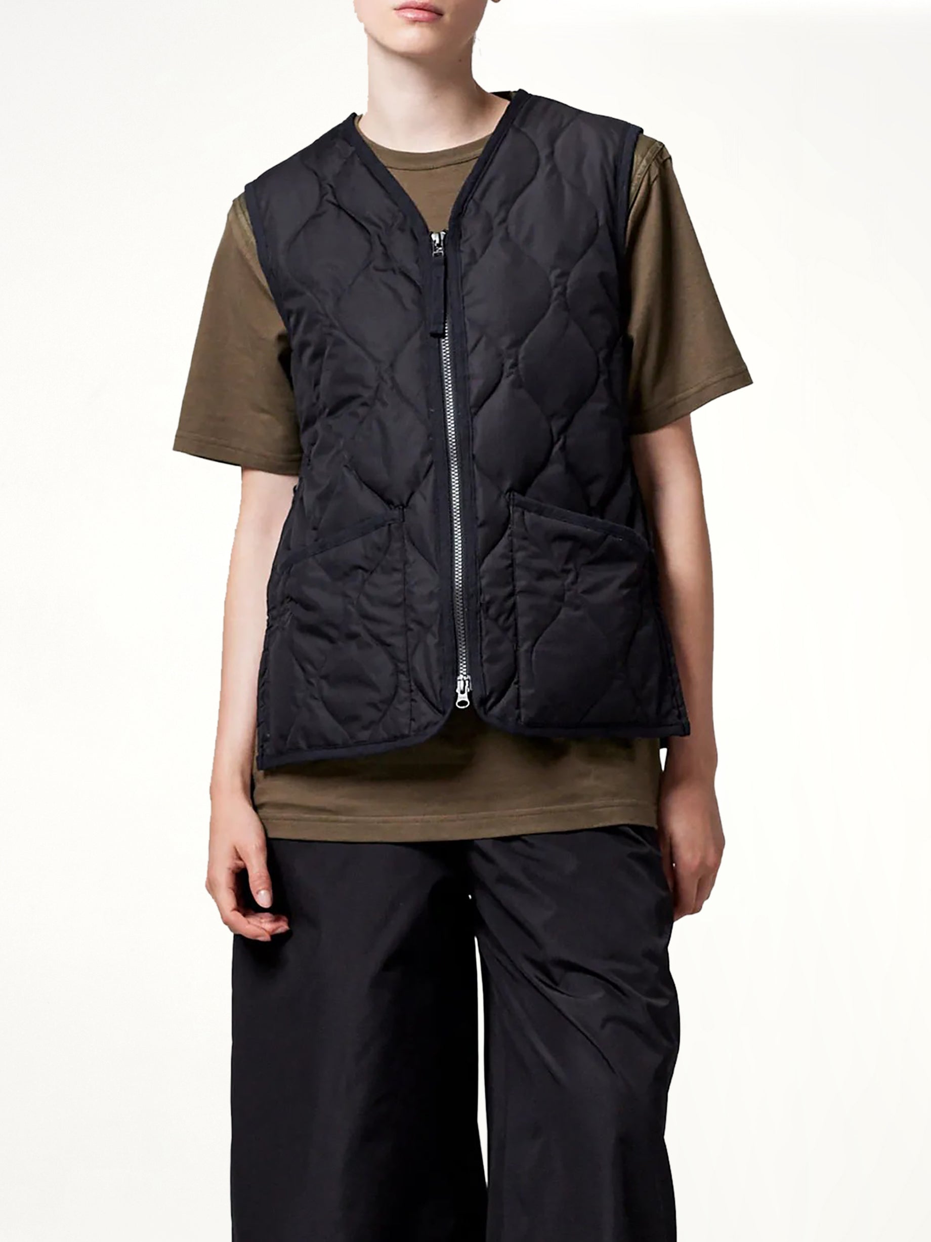 Military Zip V Neck Down Jacket in Black