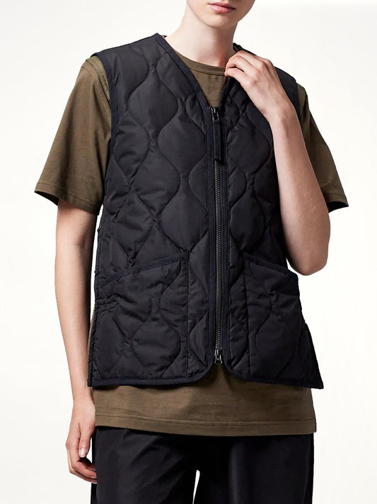 Military Zip V Neck Down Jacket in Black