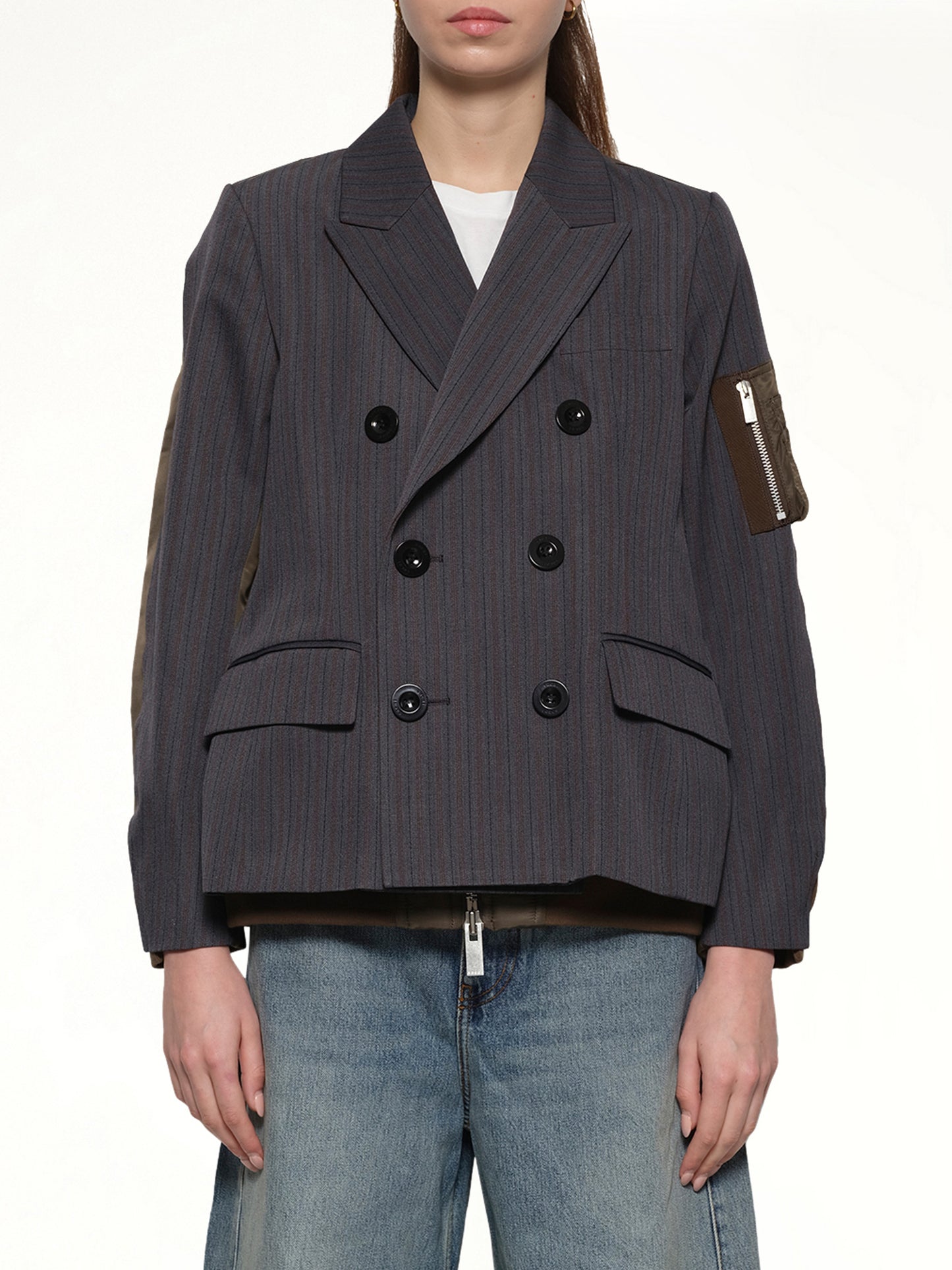 Stripe Doeskin x Nylon Twill Jacket in Gray/Dark Khaki