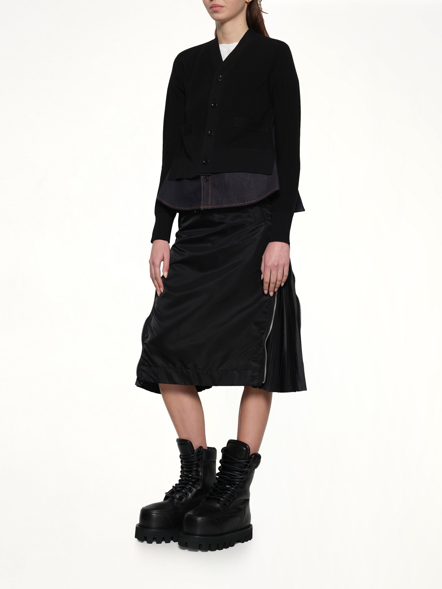 Denim x Knit Cardigan in Black/Indigo