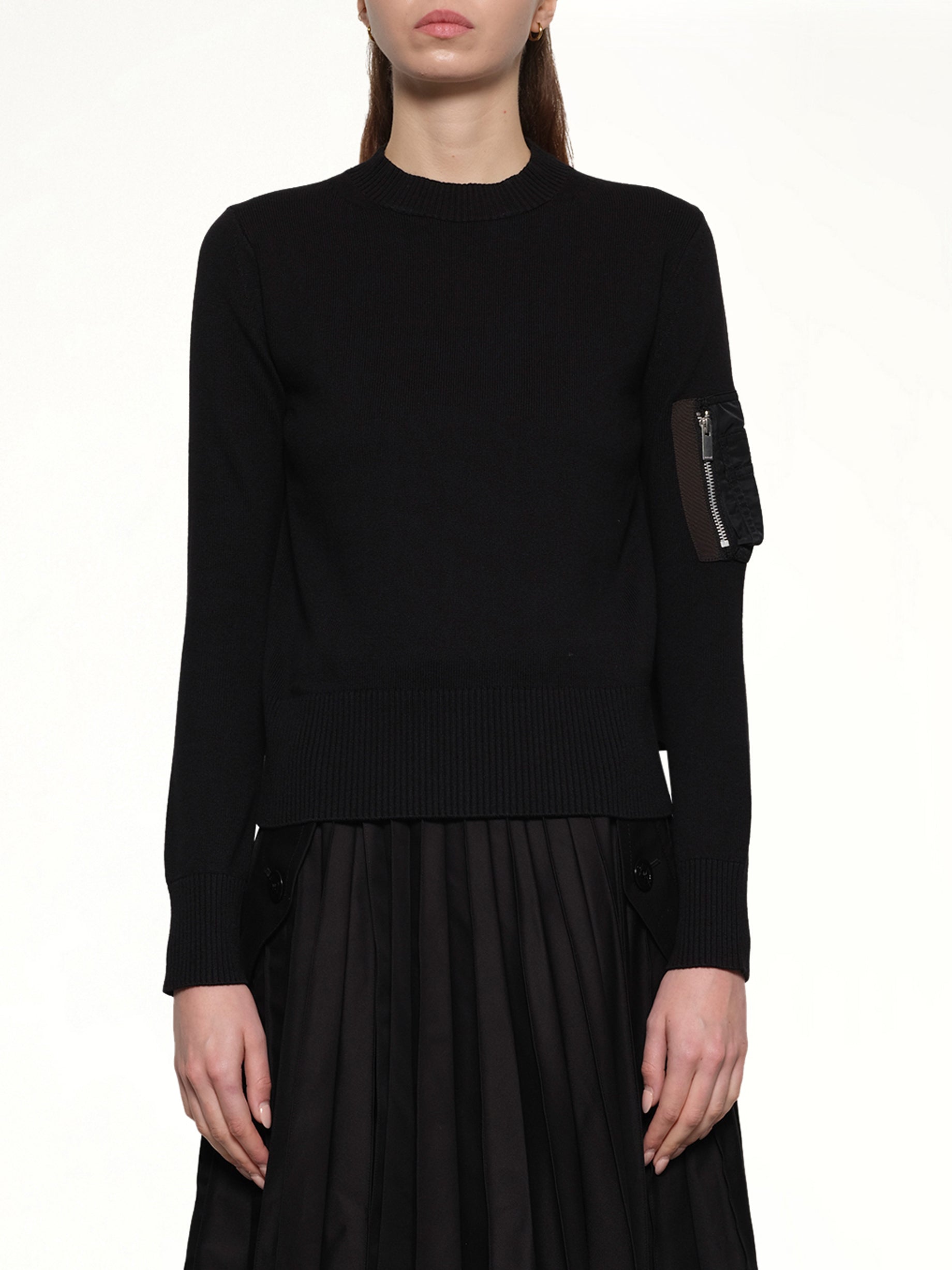 Nylon Twill x Cotton Knit Pullover in Black