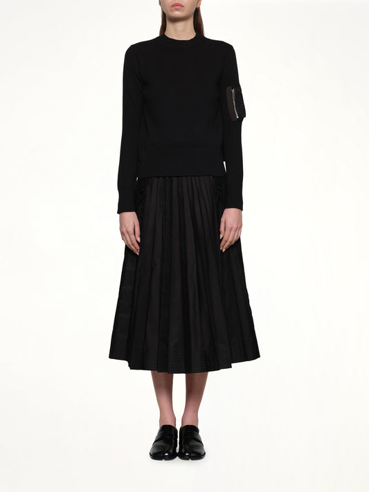 Nylon Twill x Cotton Knit Pullover in Black