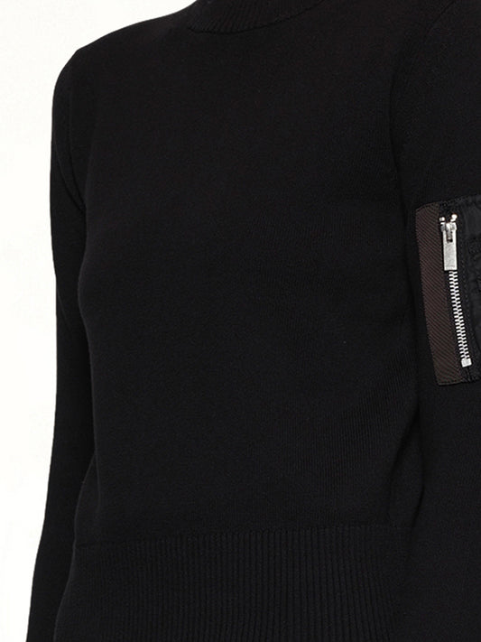Nylon Twill x Cotton Knit Pullover in Black