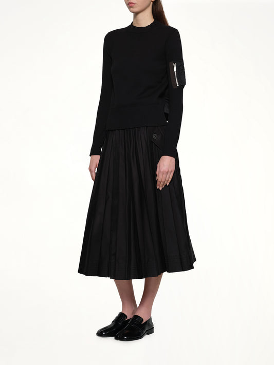 Nylon Twill x Cotton Knit Pullover in Black