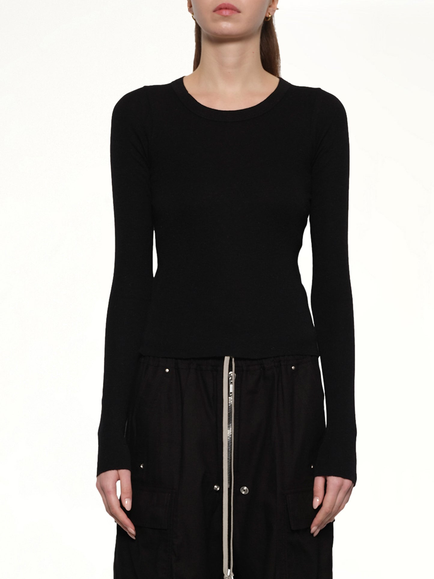 Cropped Rib Long Sleeve T in Black
