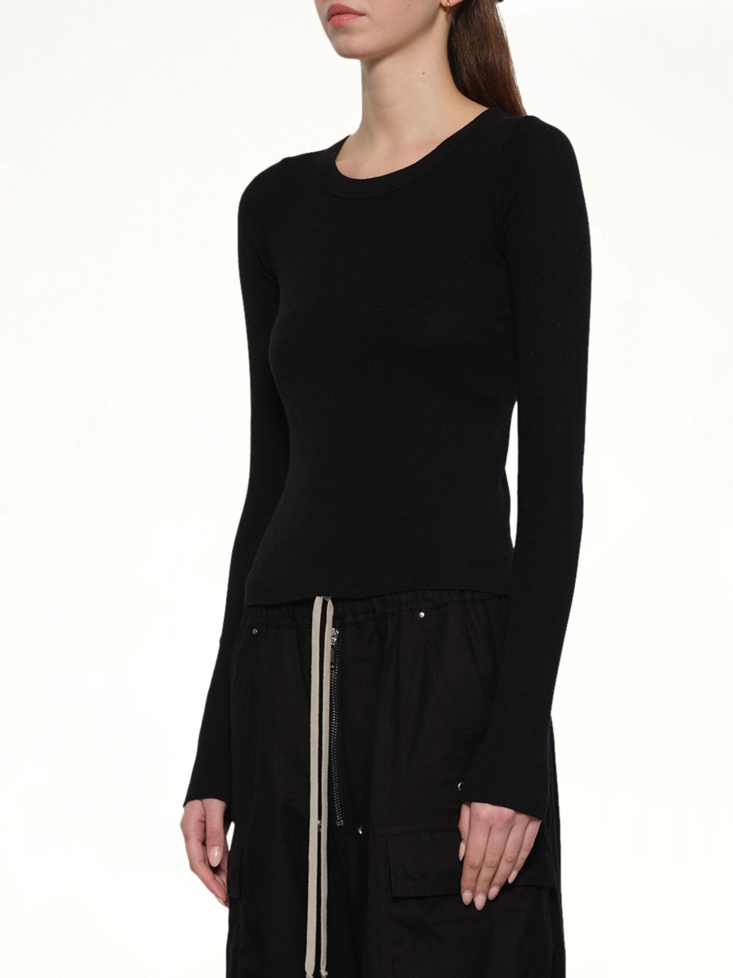 Cropped Rib Long Sleeve T in Black