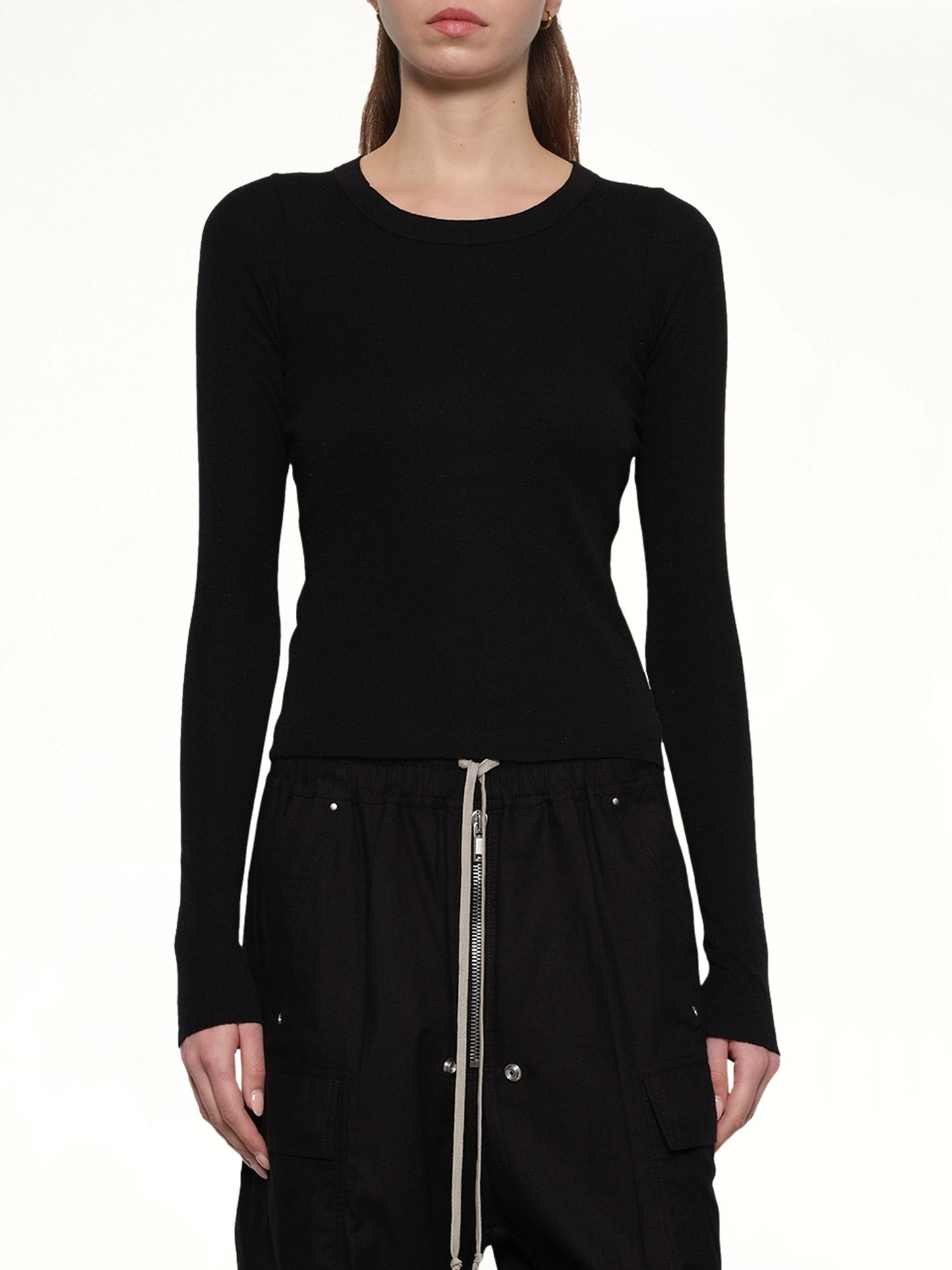 Cropped Rib Long Sleeve T in Black